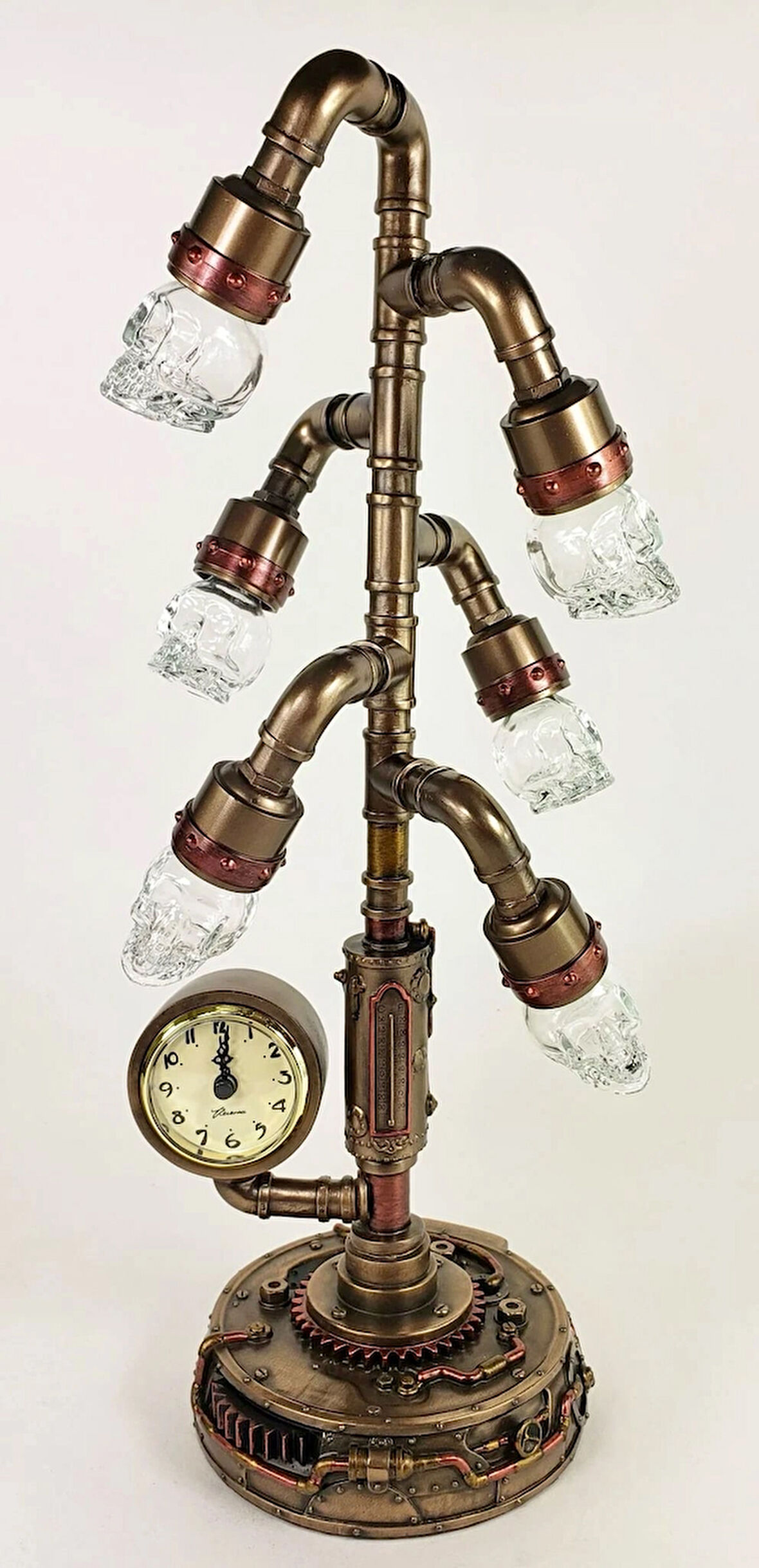 Steampunk Serisi Boru Sistemli, Saatli, Kristal 6Lı Kafatası LED Gece Lambası
