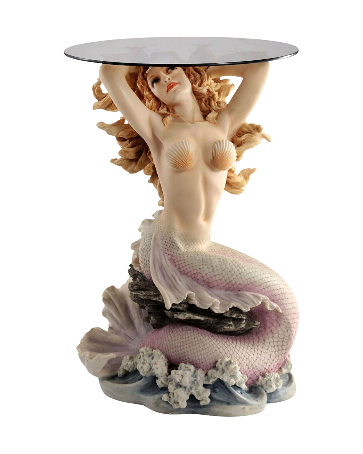 Denizkızı Figürlü Reçine Yuvarlak Cam Sehpa