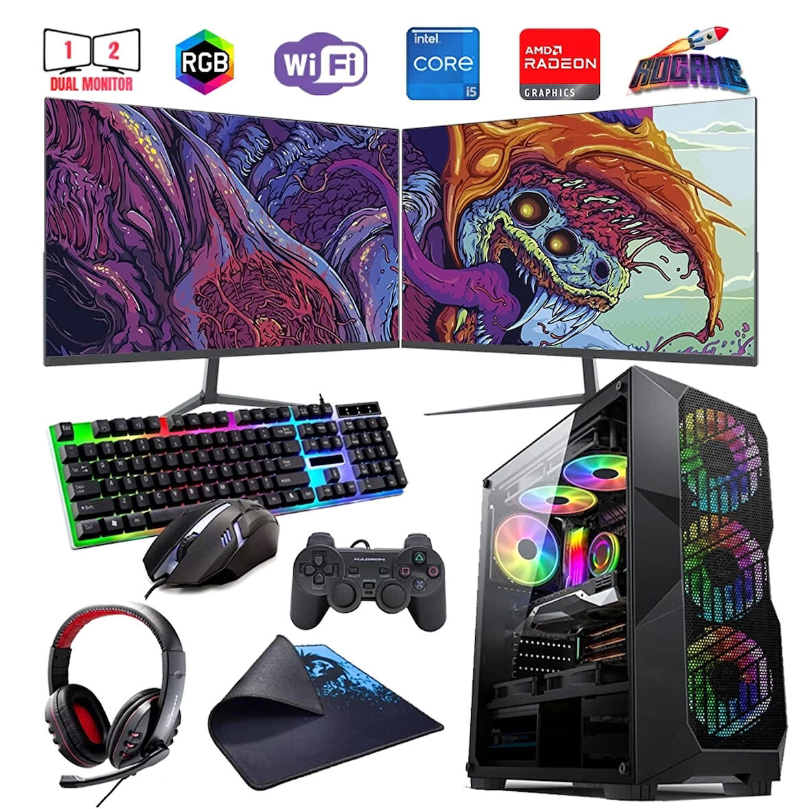 I5 12400F 16GB DDR4 480SSD 8GB RX580 Çift 24" Mon. Oyun Bilgisayarı (Gaming SET)