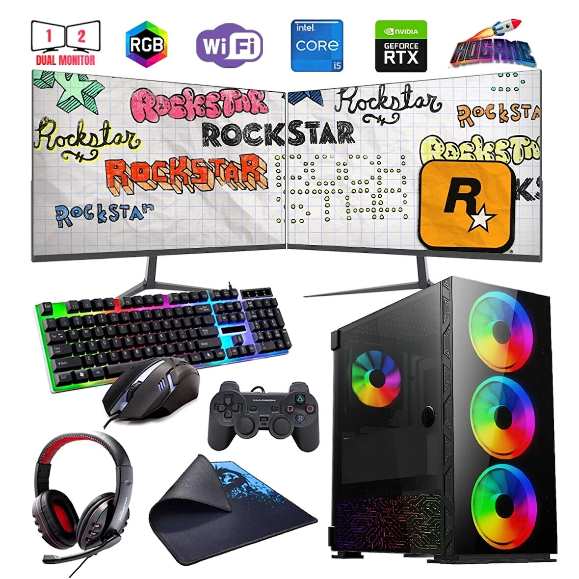I5 12400F 16GB DDR4 480SSD 12GB RTX3060 Çift 24" Mon. Oyun Bilgisayarı (Gaming SET)