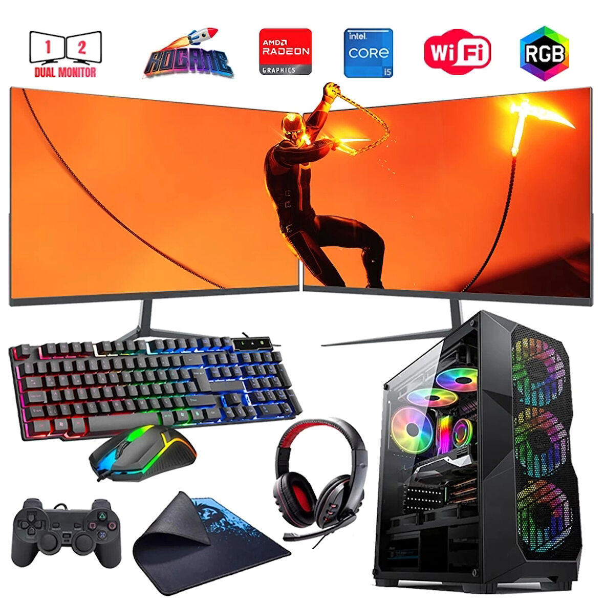 I5 13400F 32GB DDR4 1TB M2 8GB RX580 Çift 24" Mon. Oyun Bilgisayarı (Gaming SET)