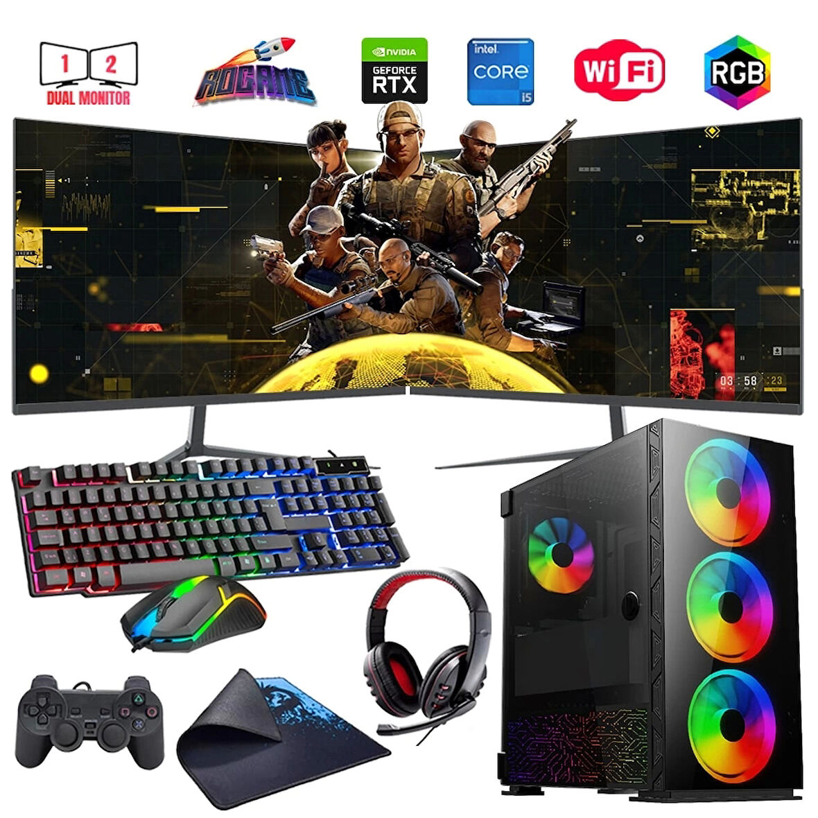 I5 14400F 32GB DDR4 1TB M2 12GB RTX3060 Çift 24" Mon. Oyun Bilgisayarı (Gaming SET)