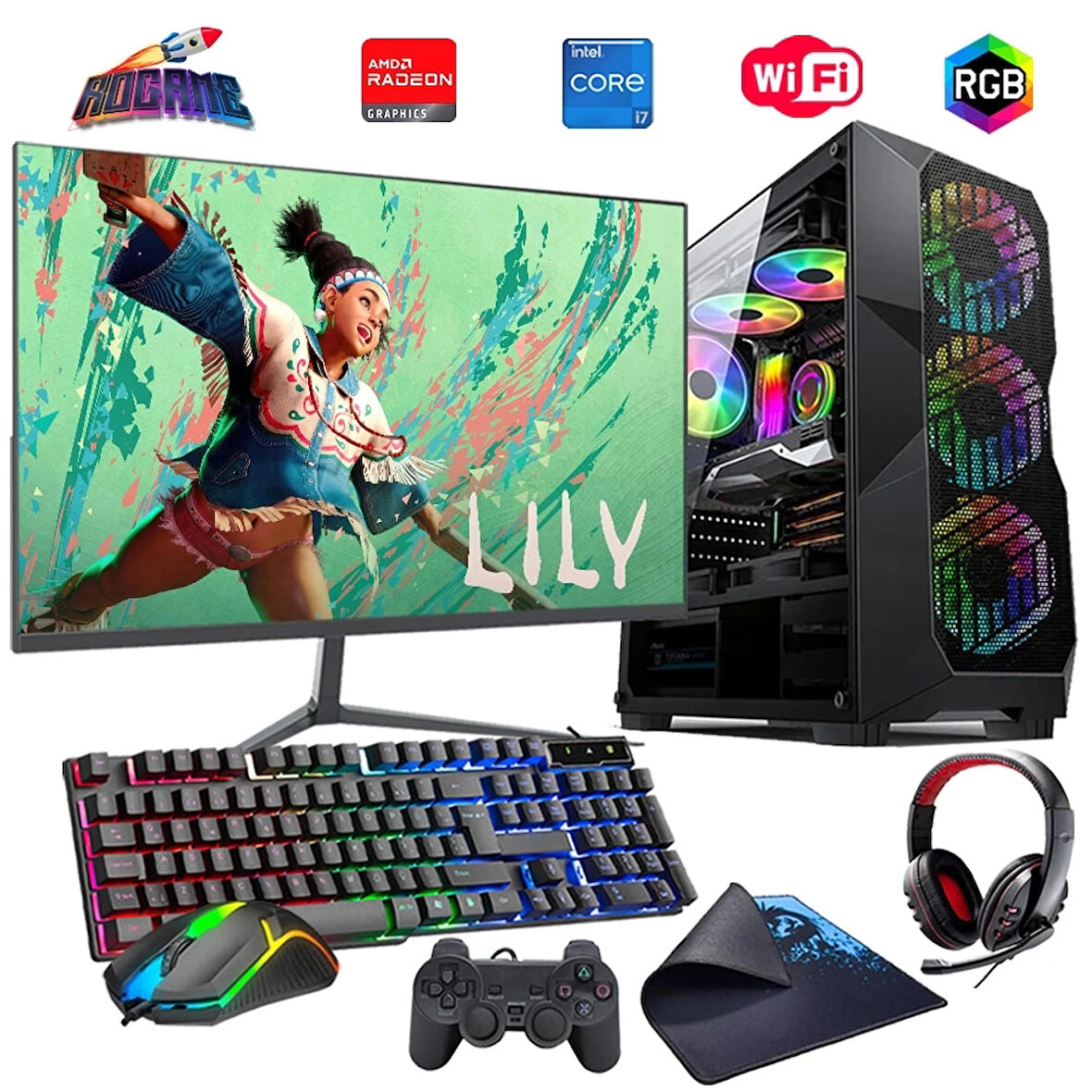 i7 14700F 16GB DDR4 480SSD 8GB RX580 24" Mon. Oyun Bilgisayarı (Gaming SET)