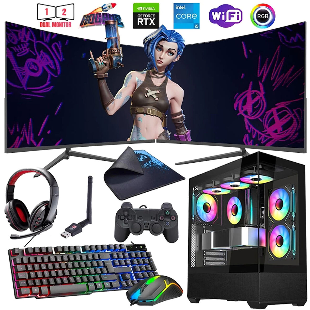 I5 14400F 16GB DDR4 512GB M2 8GB RTX4060 Çift 24" Mon. Oyun Bilgisayarı (Gaming SET)