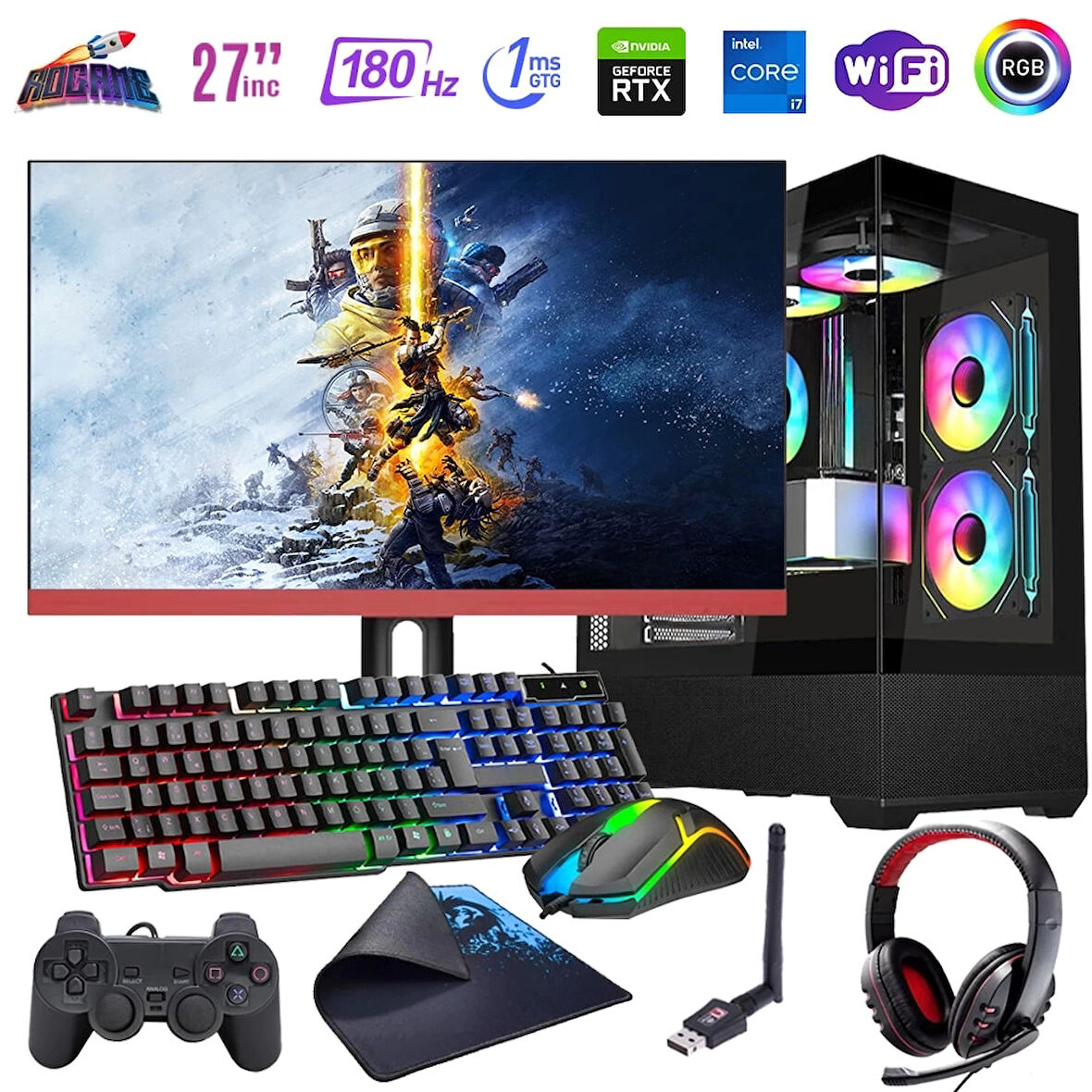 I7 14700F 32GB DDR4 1TB M2 8GB RTX4060 27" 180Hz Mon. Oyun Bilgisayarı (Gaming SET)