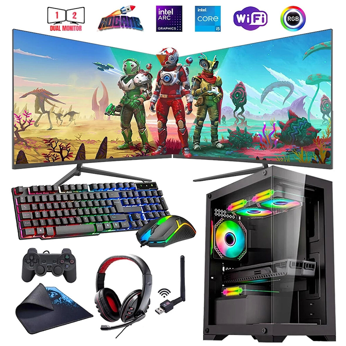 I5 12400F 32GB DDR4 1TB M2 12GB ARC B580 Çift 24" Mon. Oyun Bilgisayarı (Gaming SET)