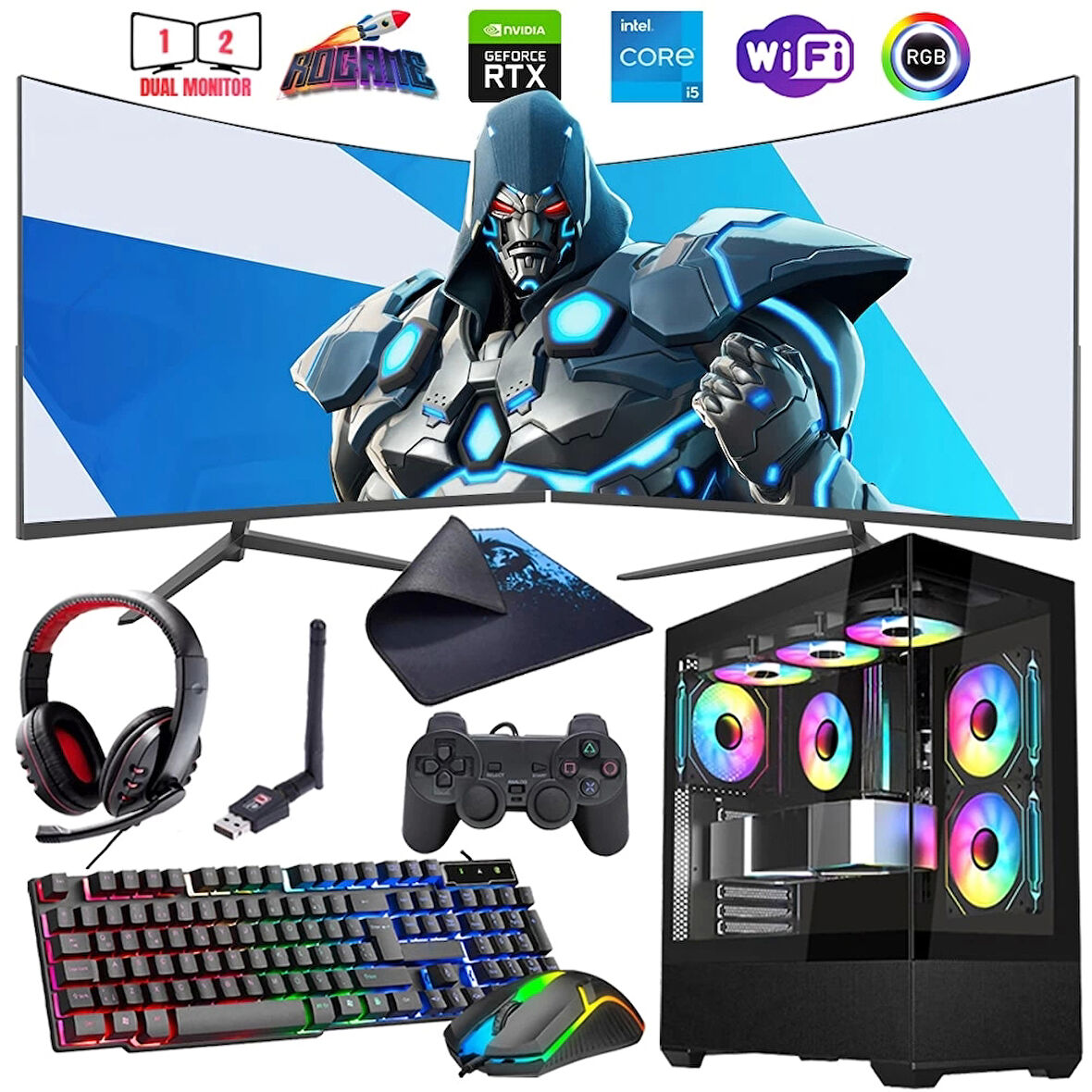 i5 12400F 16GB DDR4 1TB m2 8GB RTX4060 Çift 24" Monitörlü Oyun Bilgisayarı (Gaming SET)