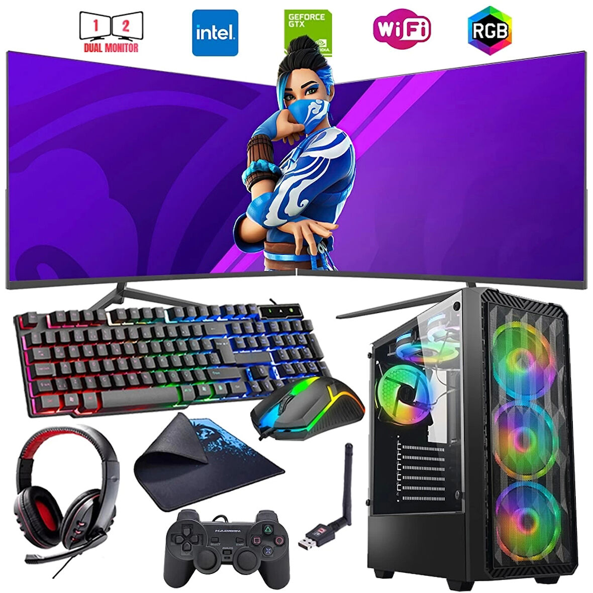 i5 13400F 16GB DDR4 1TB m2 4GB GTX1650 Çift 24" Monitörlü Oyun Bilgisayarı (Gaming SET)