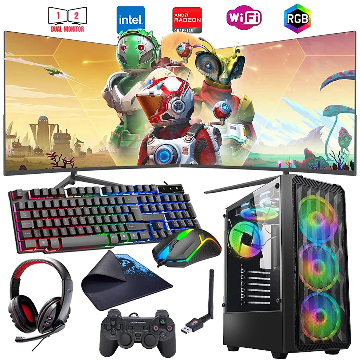 i5 13400F 16GB DDR4 1TB m2 8GB RX580 Çift 24" Monitörlü Oyun Bilgisayarı (Gaming SET)
