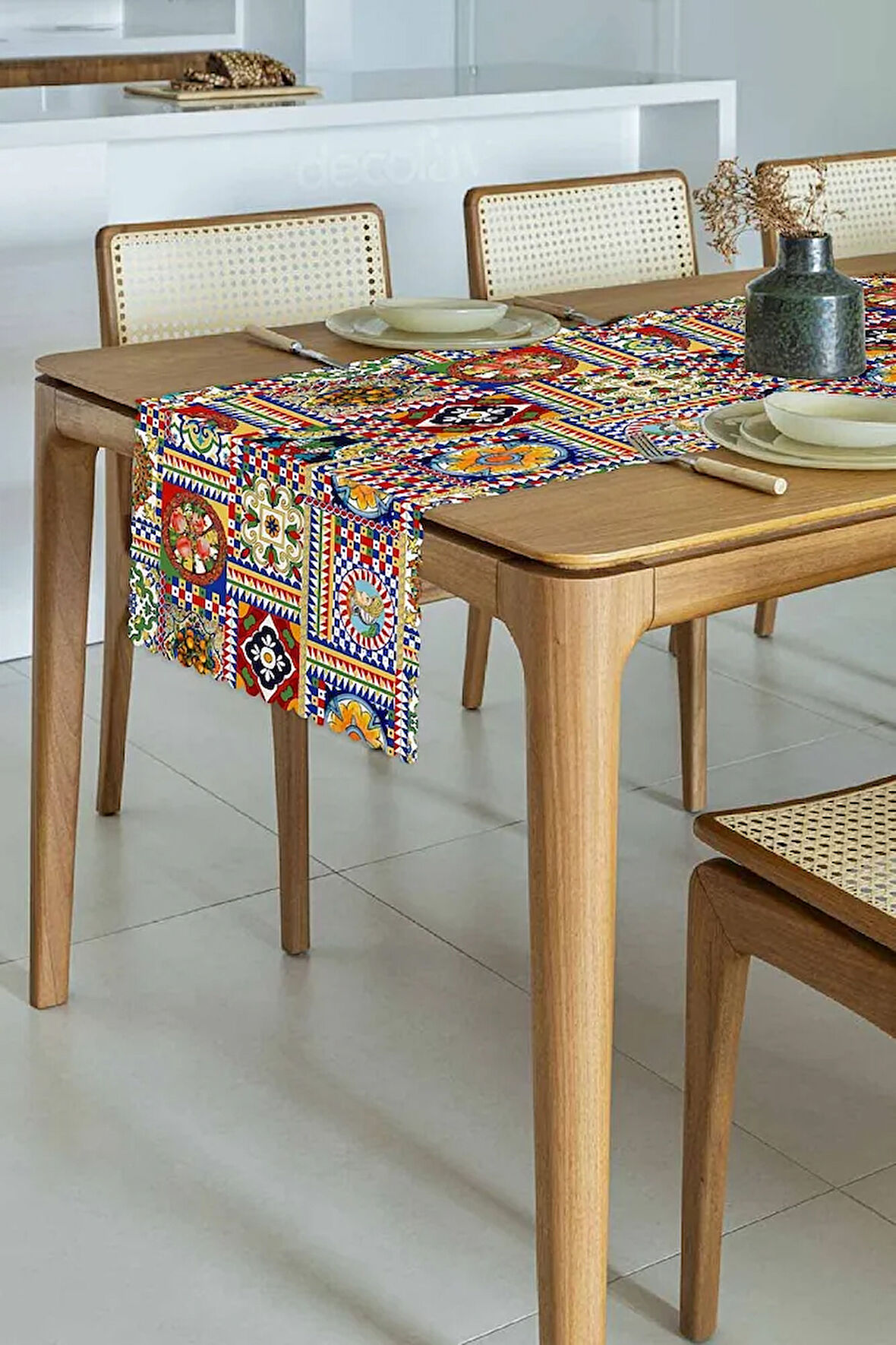 Sicily İtalyan Çini Stili Lazer Kesim Dikişsiz Runner - 48x135cm