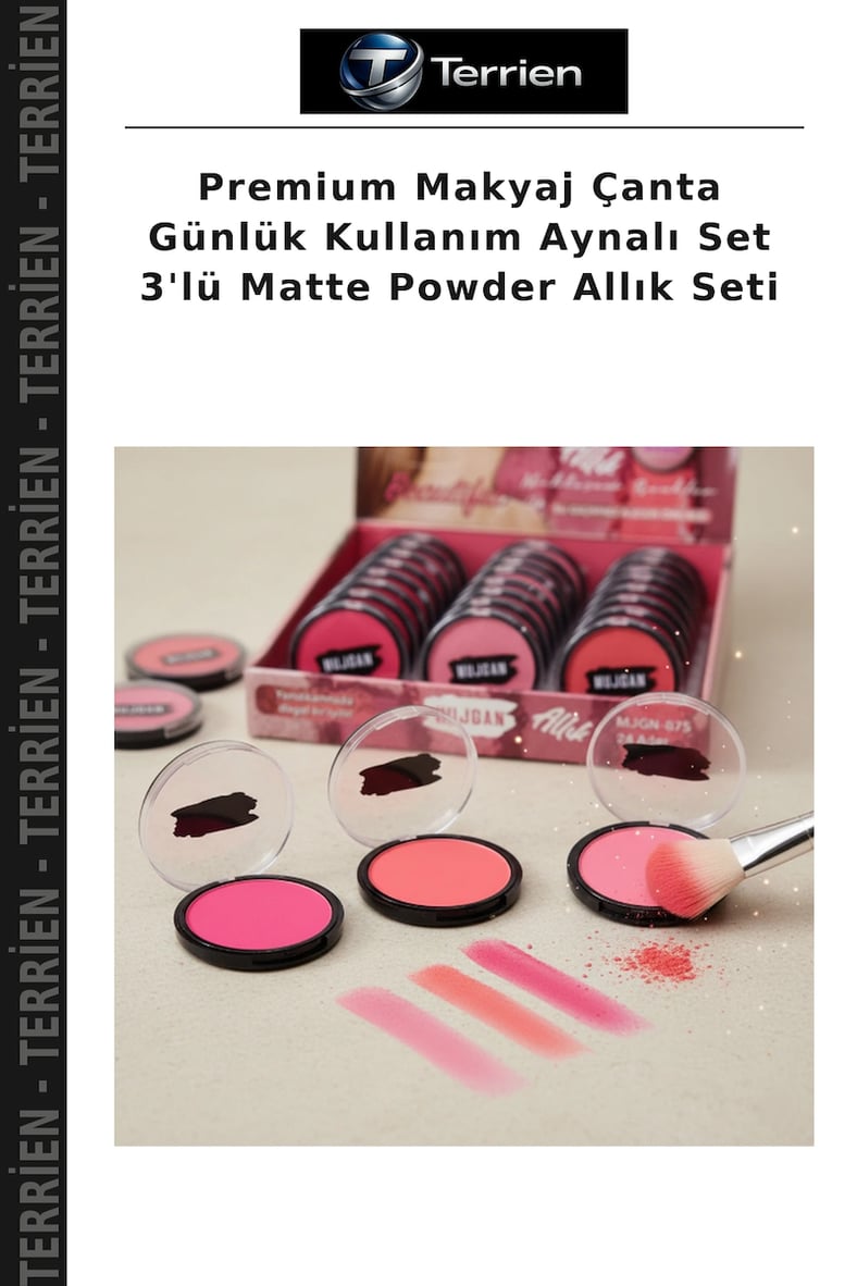 Premium Makyaj Çanta Günlük Kullanım Aynalı Set 3'lü Matte Powder Allık Seti