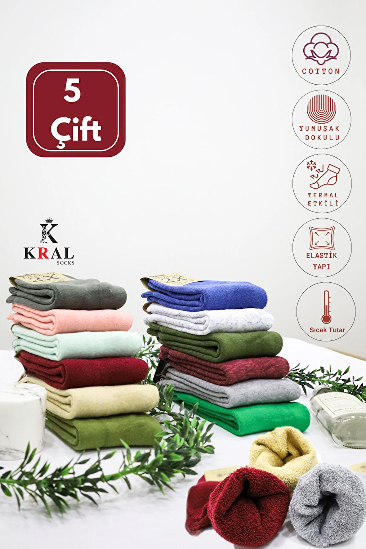 KRAL SOCKS Kadın 5'li Termal Etkili Renkli Havlu Soket Çorap