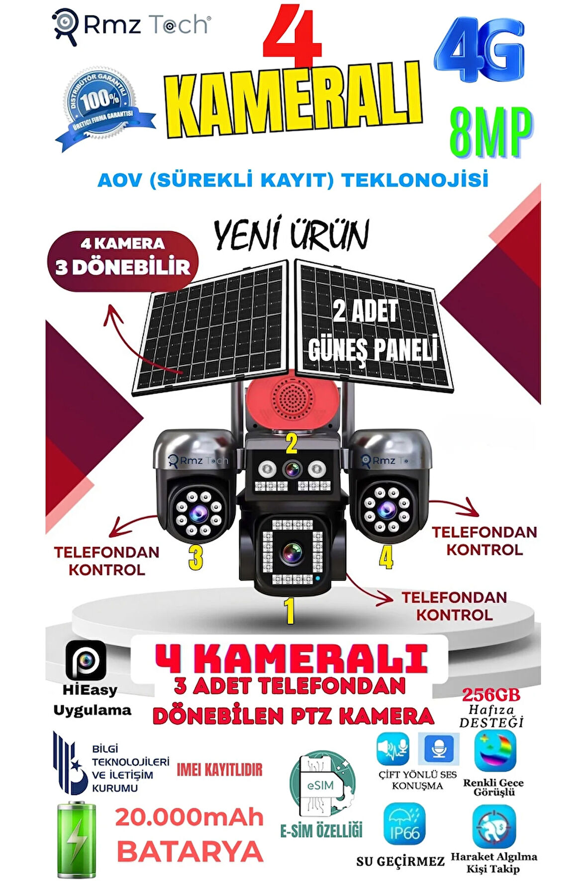 Avenir AV-S946 4 Kameralı (3 Motorlu+ 1 Sabit) 8MP E Sim 4G Sim Kartlı PTZ Kamera| 128GB Kart Dahil  | Gece Renkli Görüş 