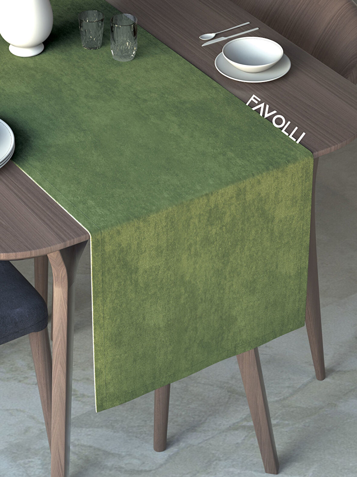 FAVOLLİ Zeytin Yaprağı Rengi Kadife Dokulu Runner Dream Series 40 X 140