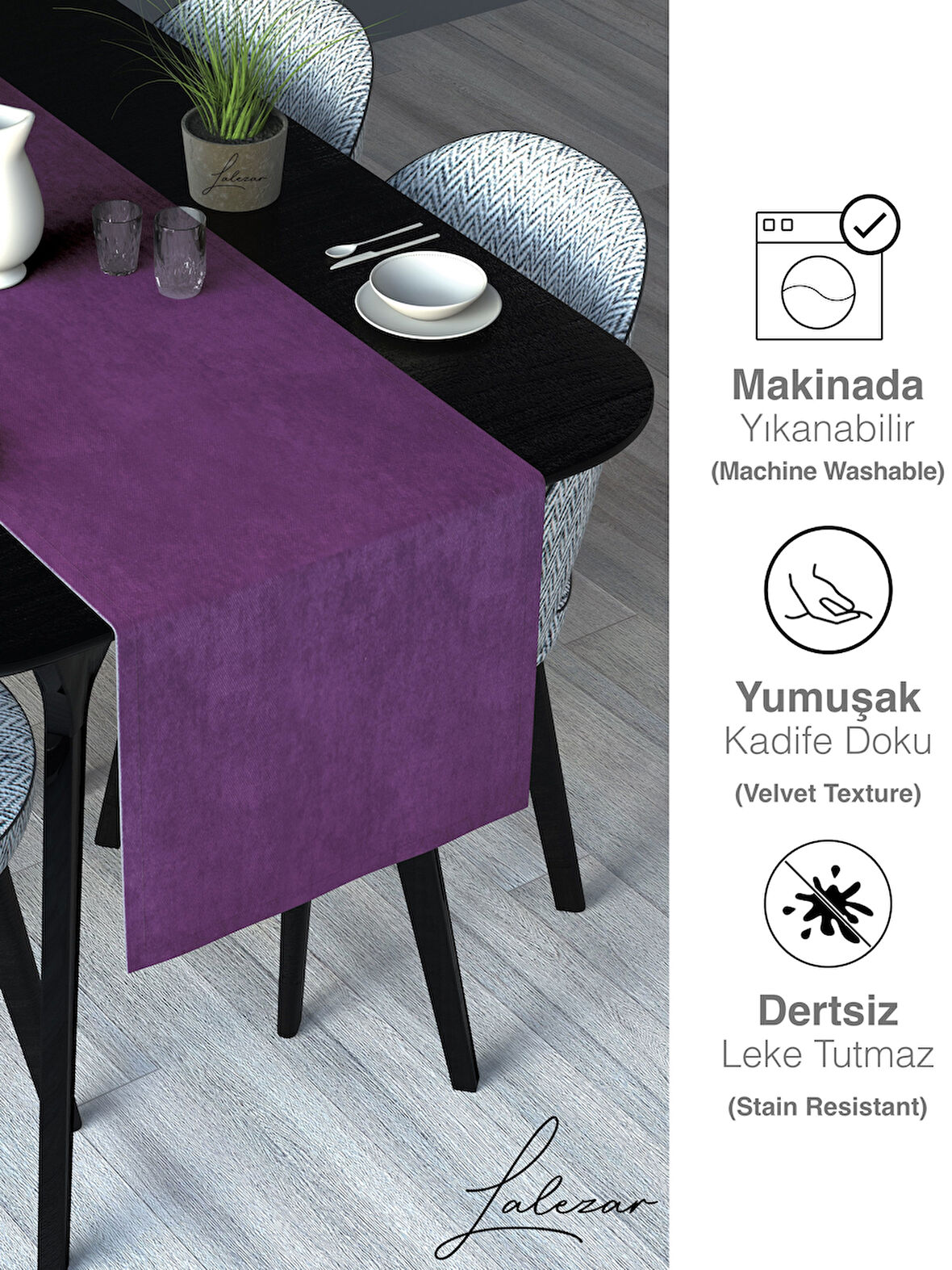 Lalezar Kadife Efektli Tatlı Mor Rengi Aura Serisi Runner 40 X 140