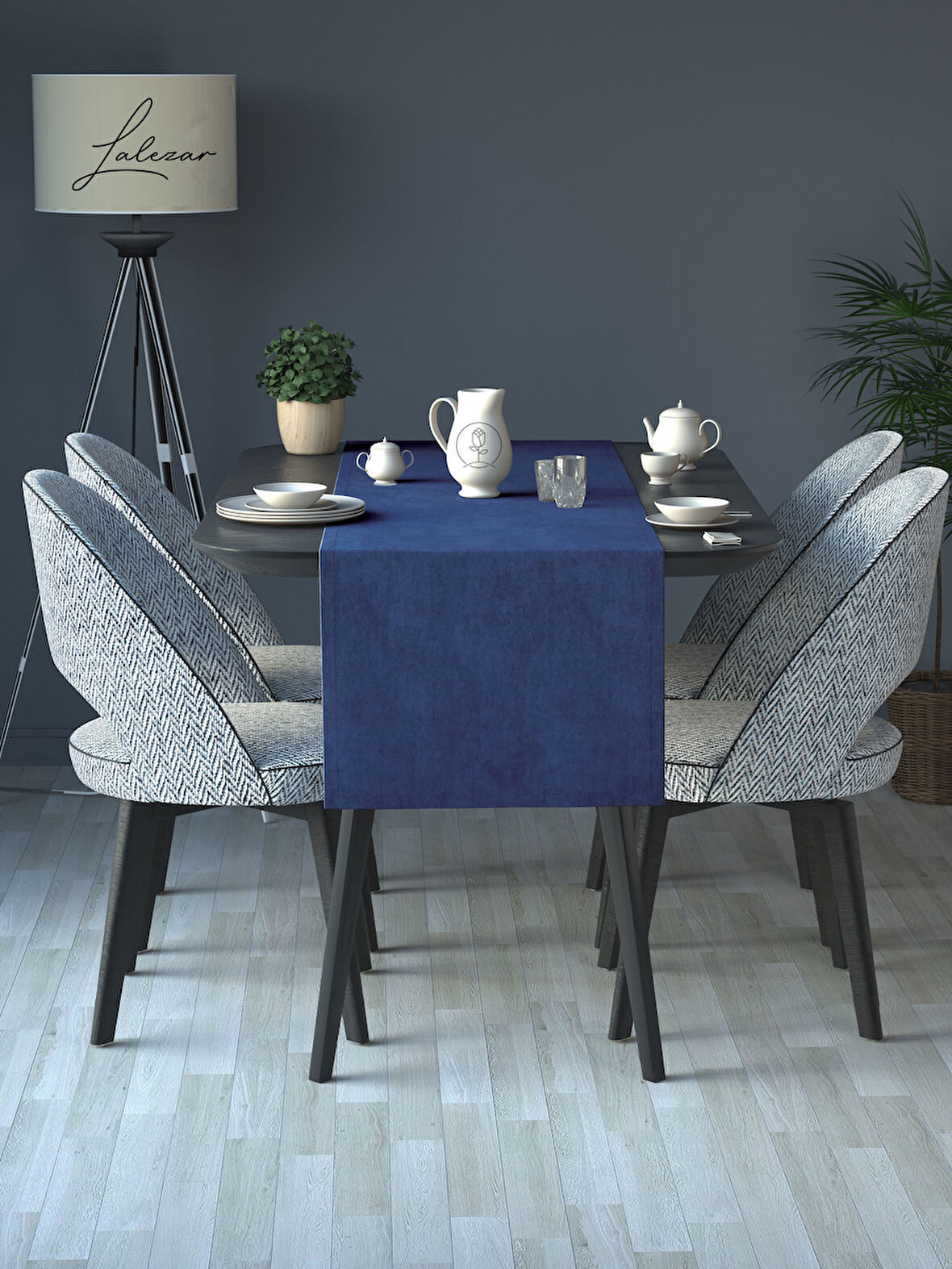 Lalezar Kadife Efektli Marin Mavi Rengi Aura Serisi Runner 40 X 140