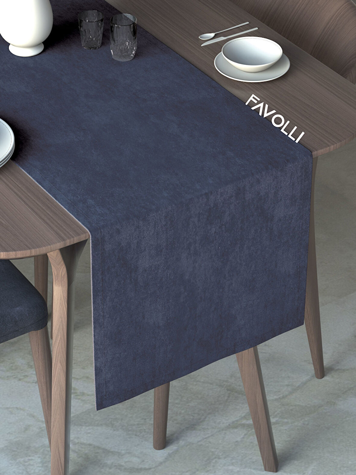 FAVOLLİ Lacivert Renk Kadife Dokulu Runner Dream Series 40 X 140