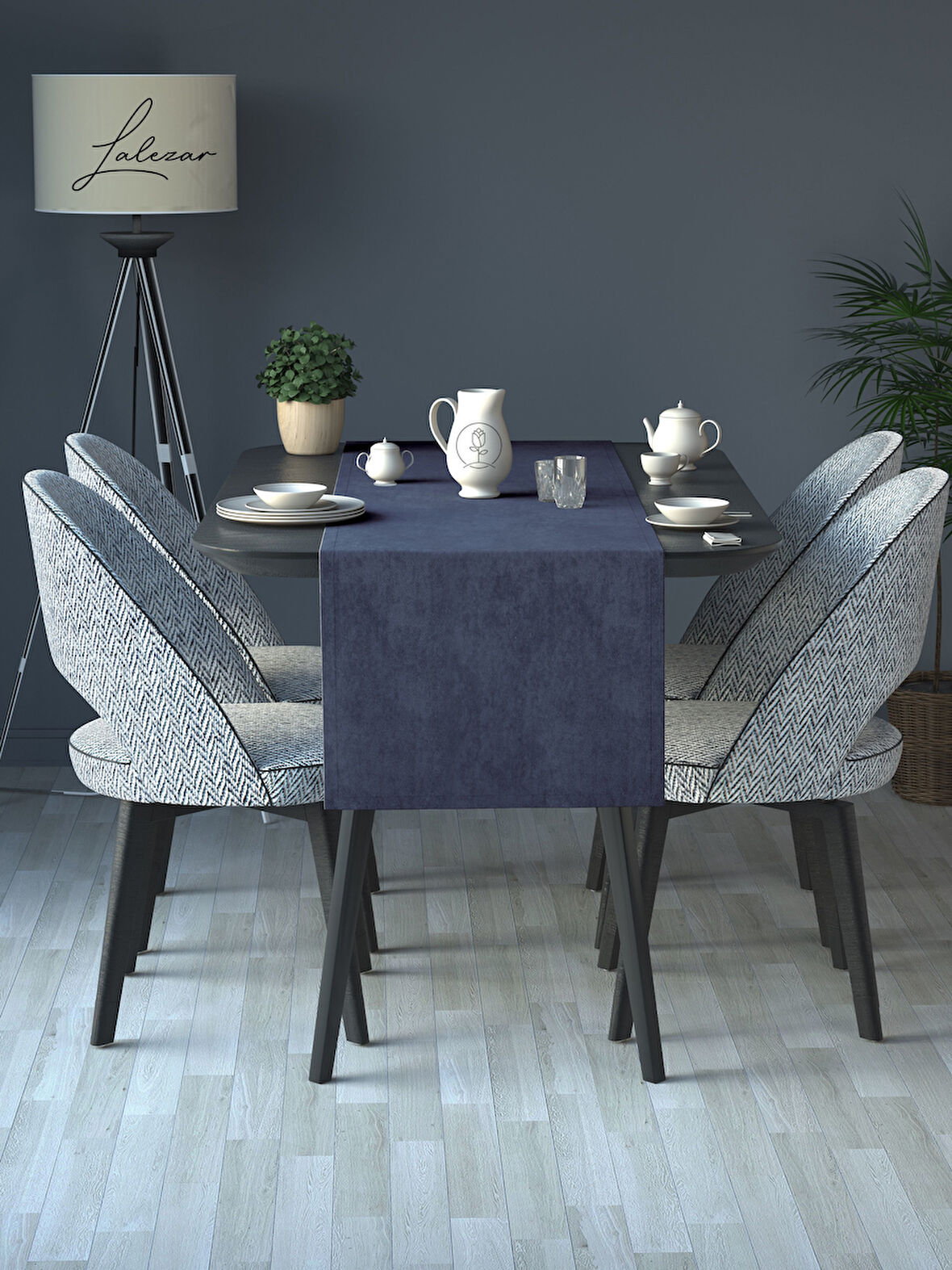 Lalezar Kadife Efektli Lacivert Rengi Aura Serisi Runner 40 X 140