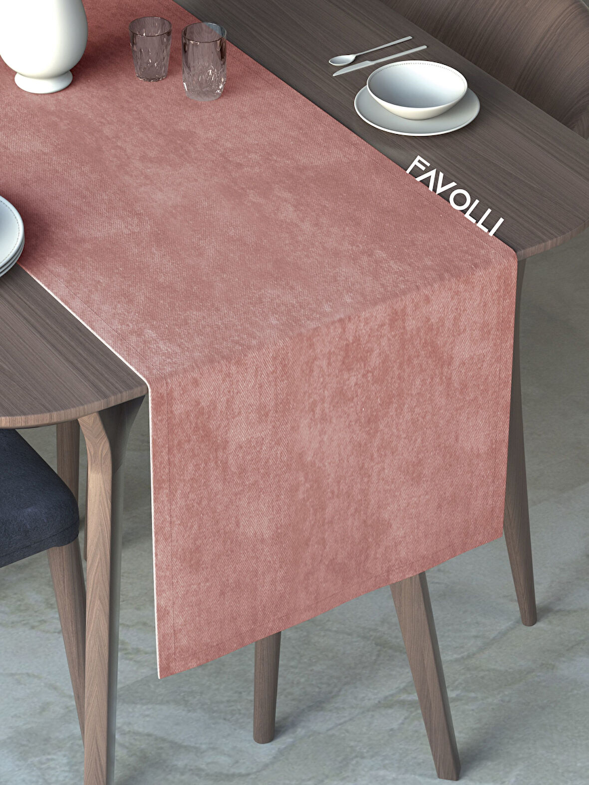 FAVOLLİ Açık Pembe Rengi Kadife Dokulu Runner Dream Series 40 X 140