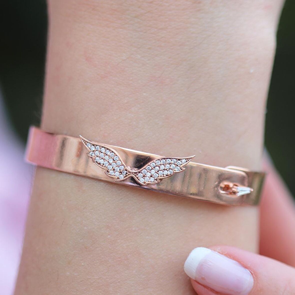 Zirkon Taşlı Rose Gold Kaplama Melek Gümüş Kelepçe