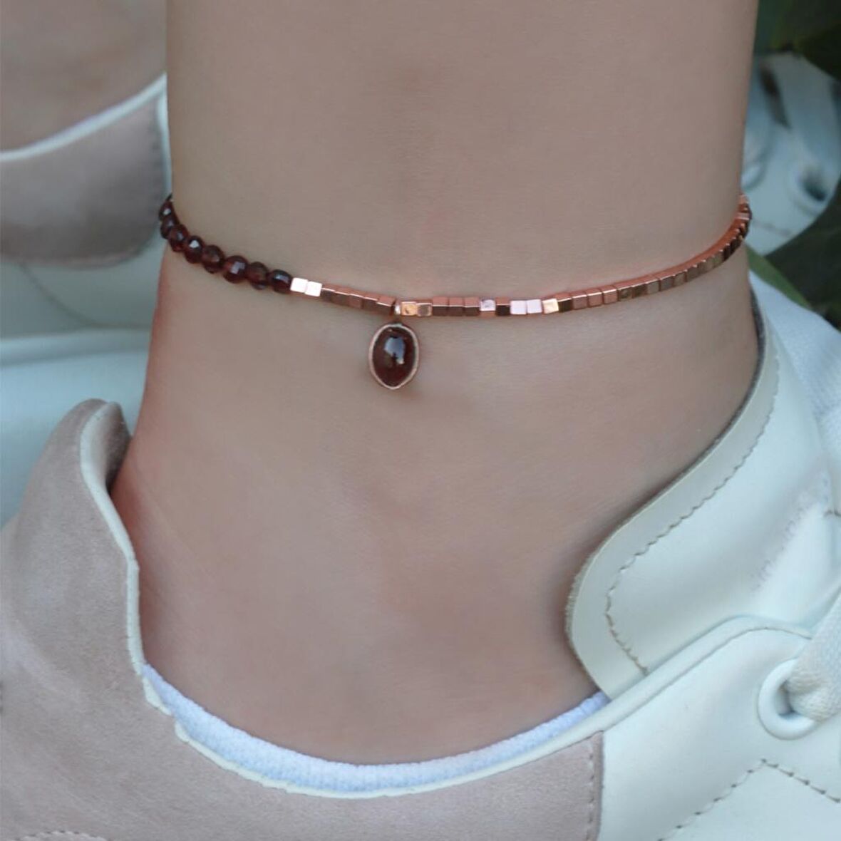 Garnet Taşlı Rose Gold Halhal