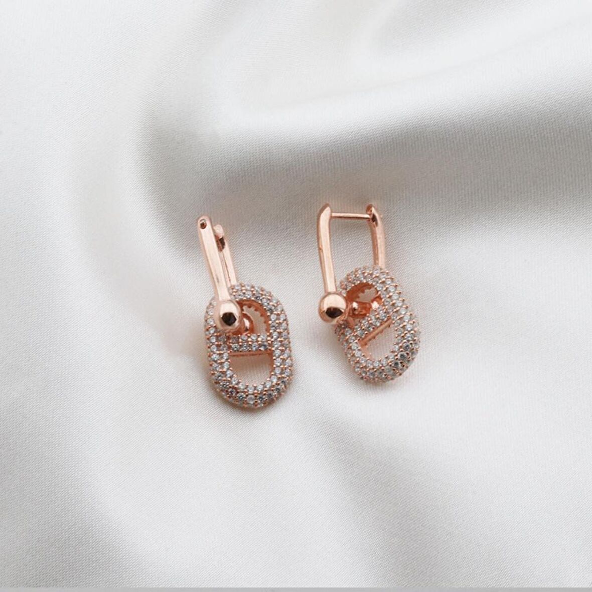 Zirkon Taşlı Rose Gold Kaplama Düğme Gümüş Küpe