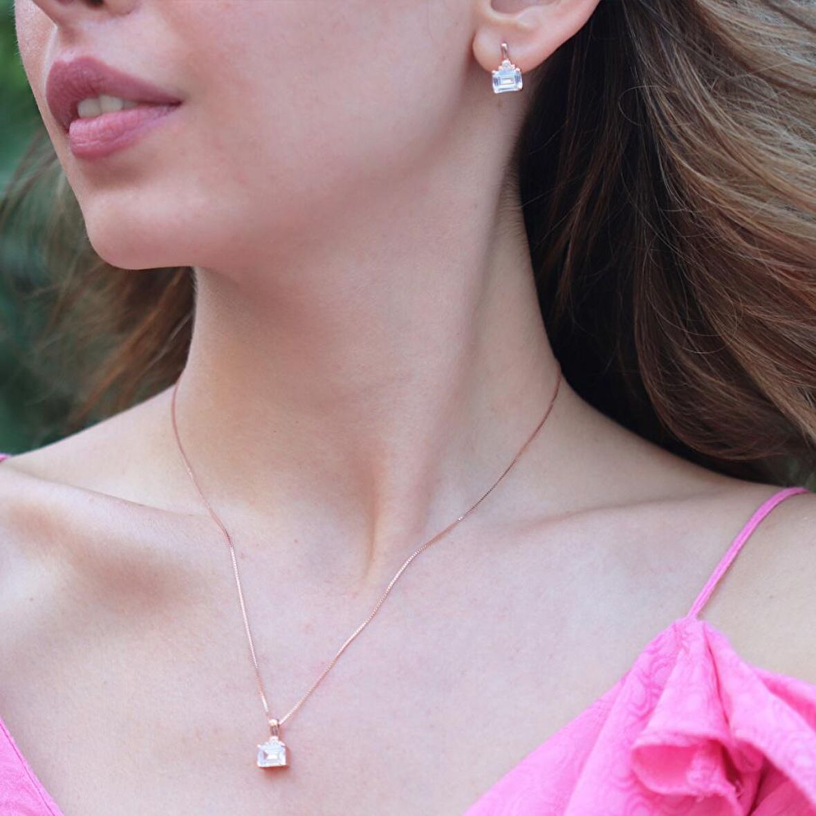 Rose Gold Kaplama Dikdörtgen Baget Taşlı Gümüş Takm