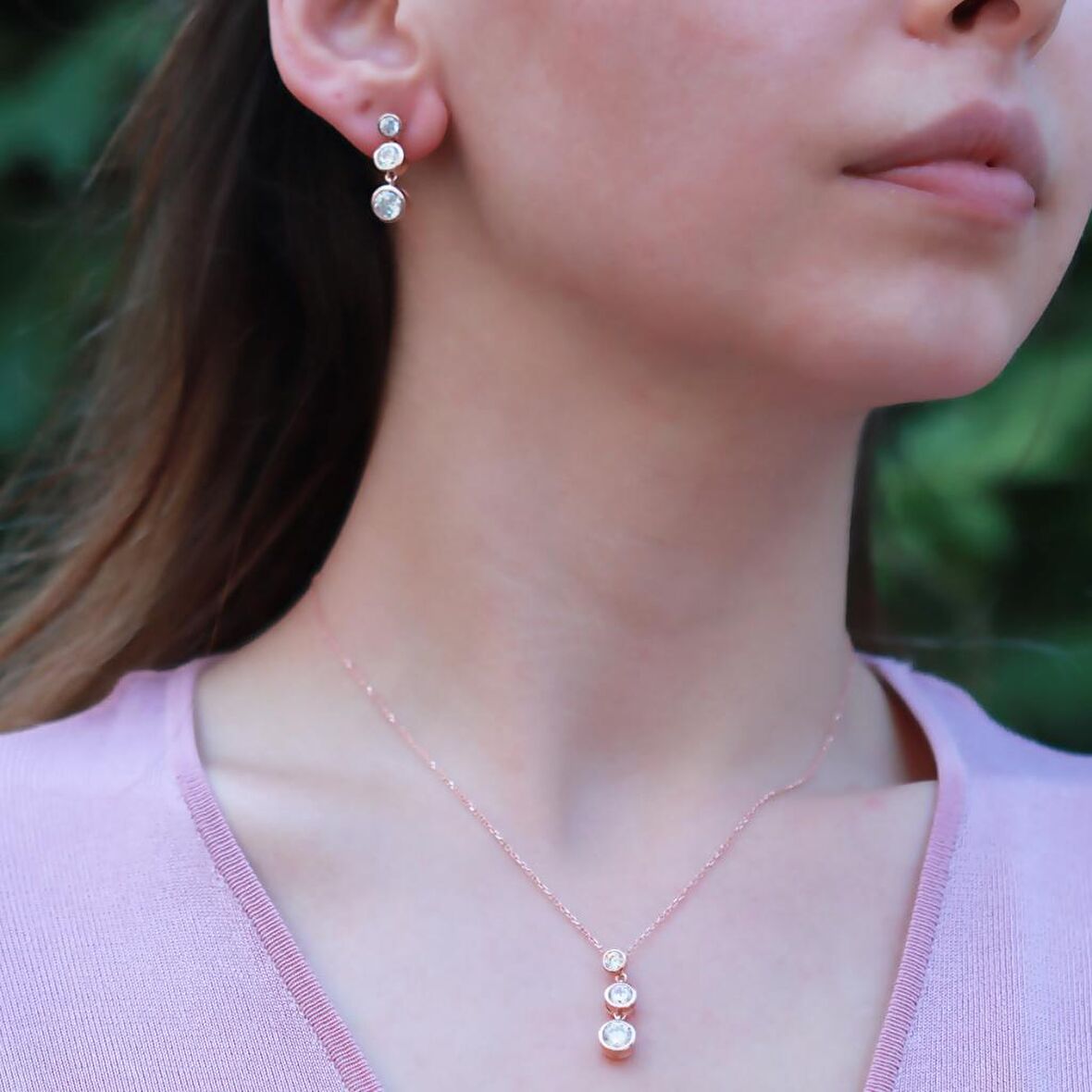 3'lü Sıra Zirkon Taşlı Rose Gold Kaplama Gümüş Set