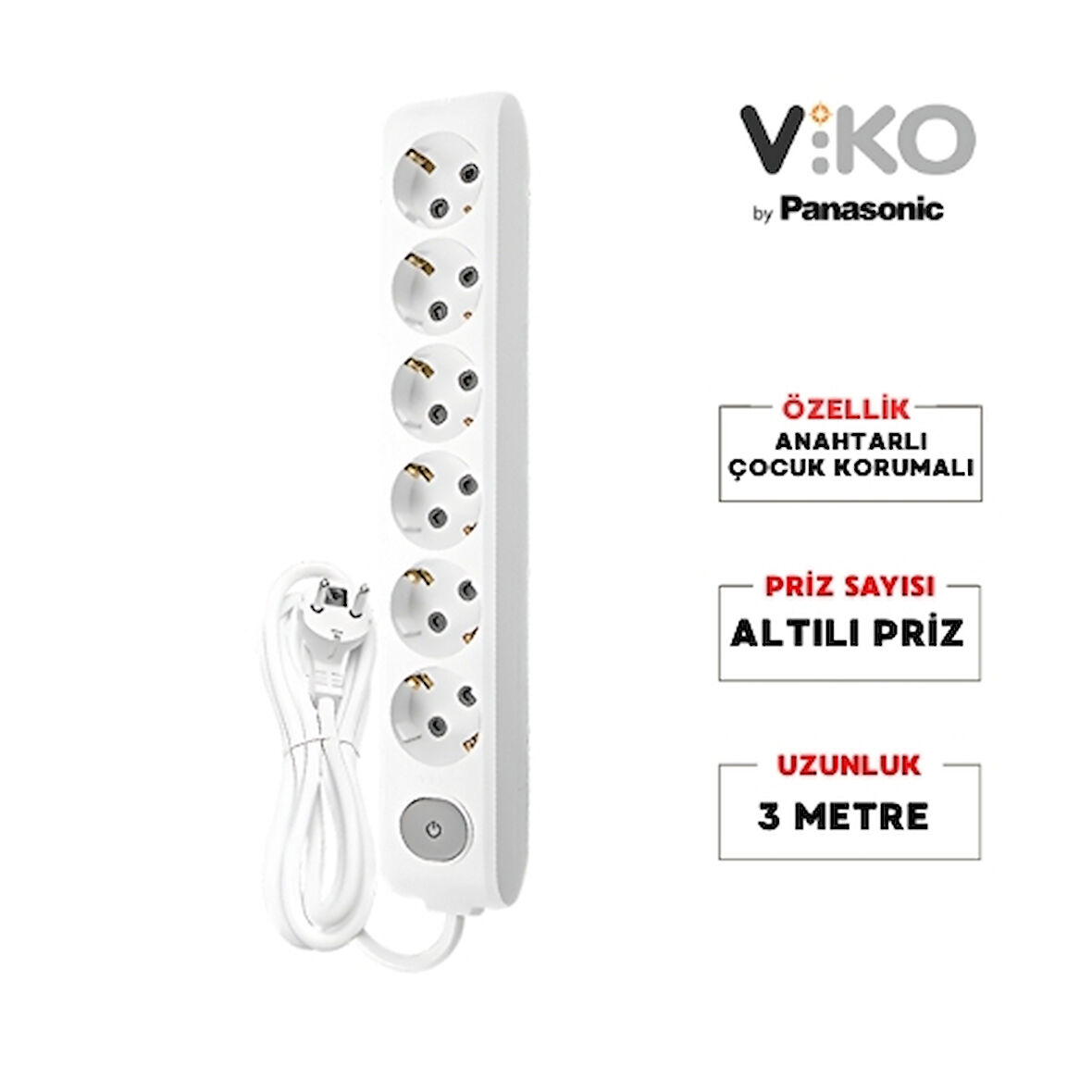 Viko | Altılı Grup Priz, Anahtarlı Topraklı - Çocuk Korumalı Çoğaltıcı Priz, 6'lı, 3 m, Beyaz