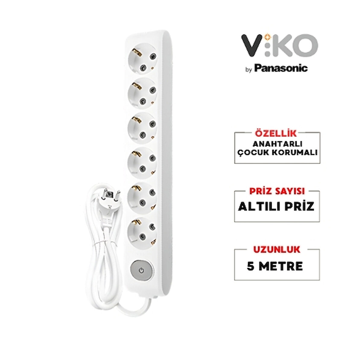 Viko | Altılı Grup Priz, Anahtarlı Topraklı - Çocuk Korumalı Çoğaltıcı Priz, 6'lı, 5 m, Beyaz