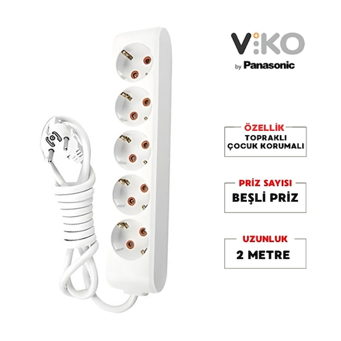 Viko | Beşli Grup Priz, Topraklı - Çocuk Korumalı Çoğaltıcı Priz, 5'li, 2 m, Beyaz