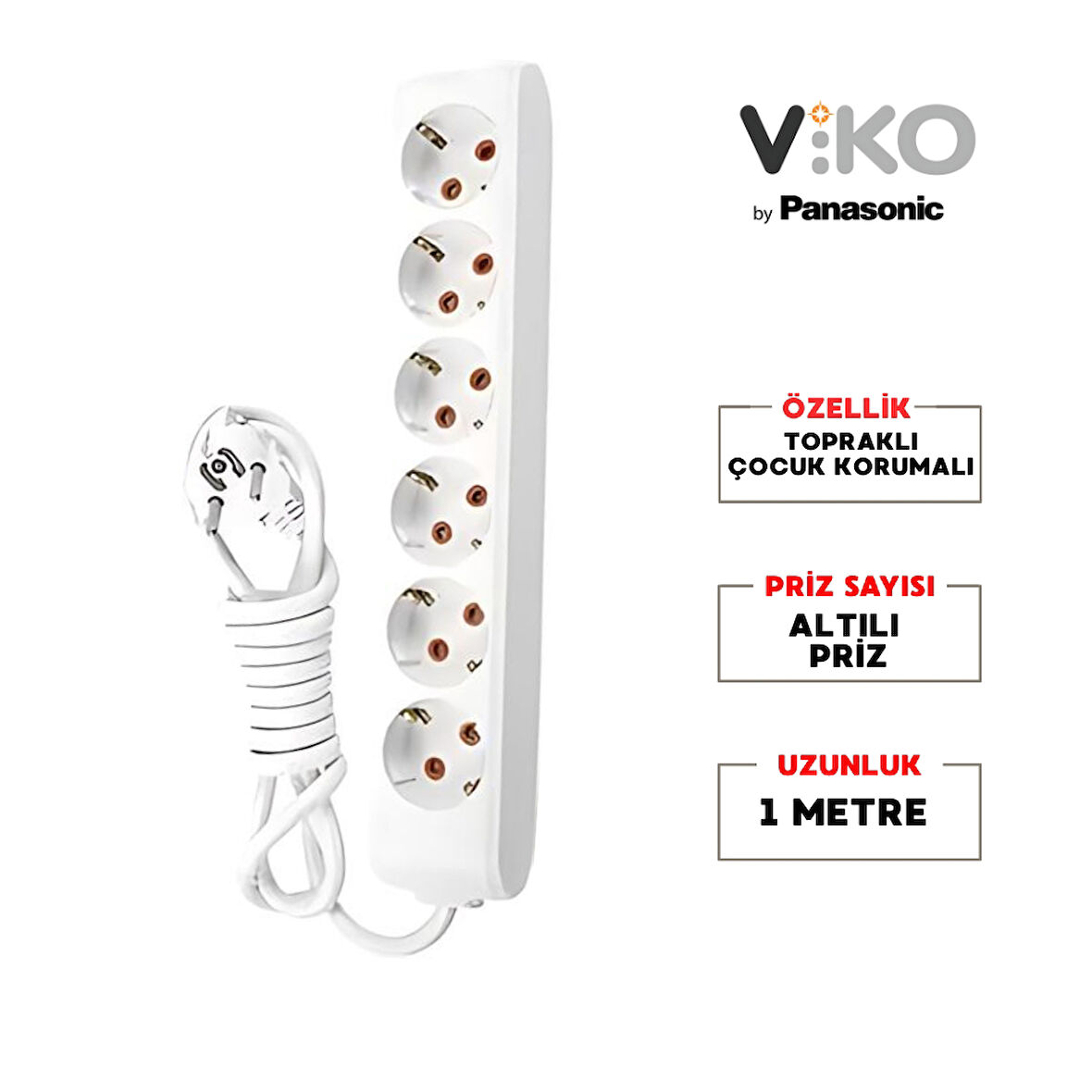 Viko |  Altılı Grup Priz, Topraklı - Çocuk Korumalı Çoğaltıcı Priz, 6'lı, 1 m, Beyaz   