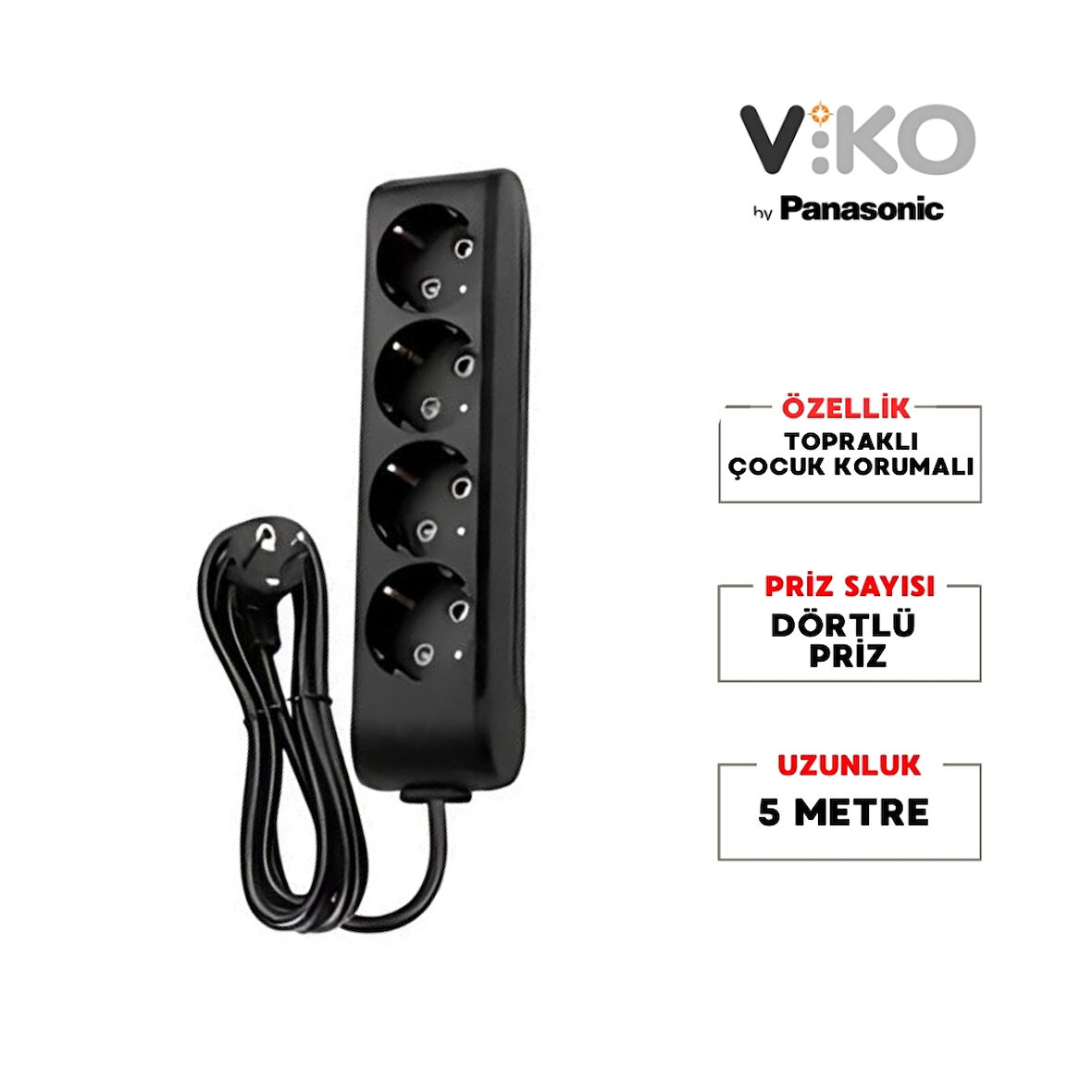 Viko | Dörtlü Grup Priz, Topraklı - Çocuk Korumalı Çoğaltıcı Priz, 4'lü, 5 m, Siyah