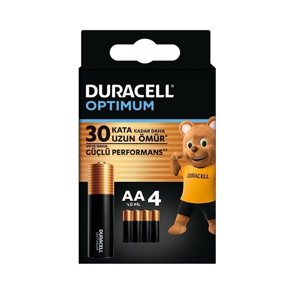 Duracell | Optimum AA Alkalin Kalem Pil, 4'lü Paket, 1.5V, Uzun Ömürlü Güç, Yüksek Performanslı Cihazlar İçin