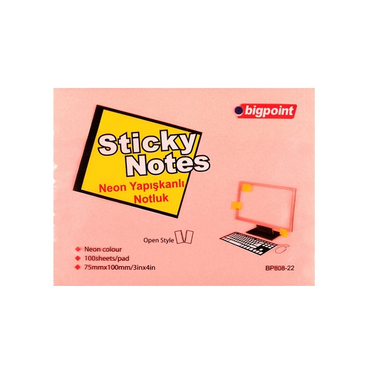 Bigpoint | Yapışkanlı Not Kağıdı 75x100mm 100 Yaprak Neon Pembe – İz Bırakmaz 