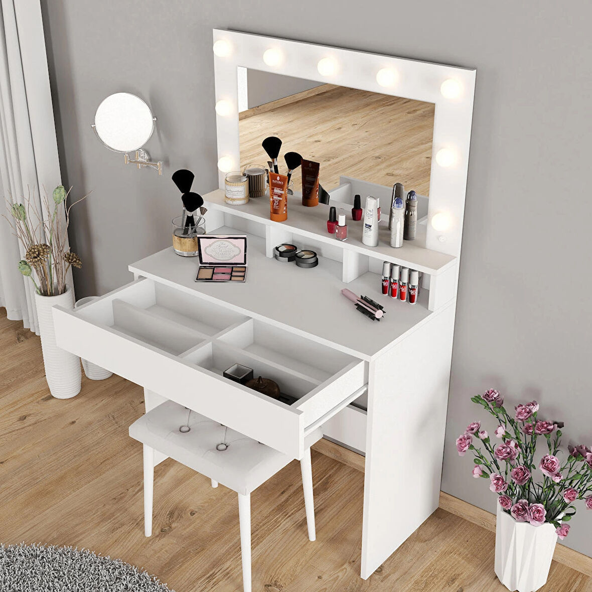 LİGHT MAKYAJ MASASI TABURELİ TAKIM