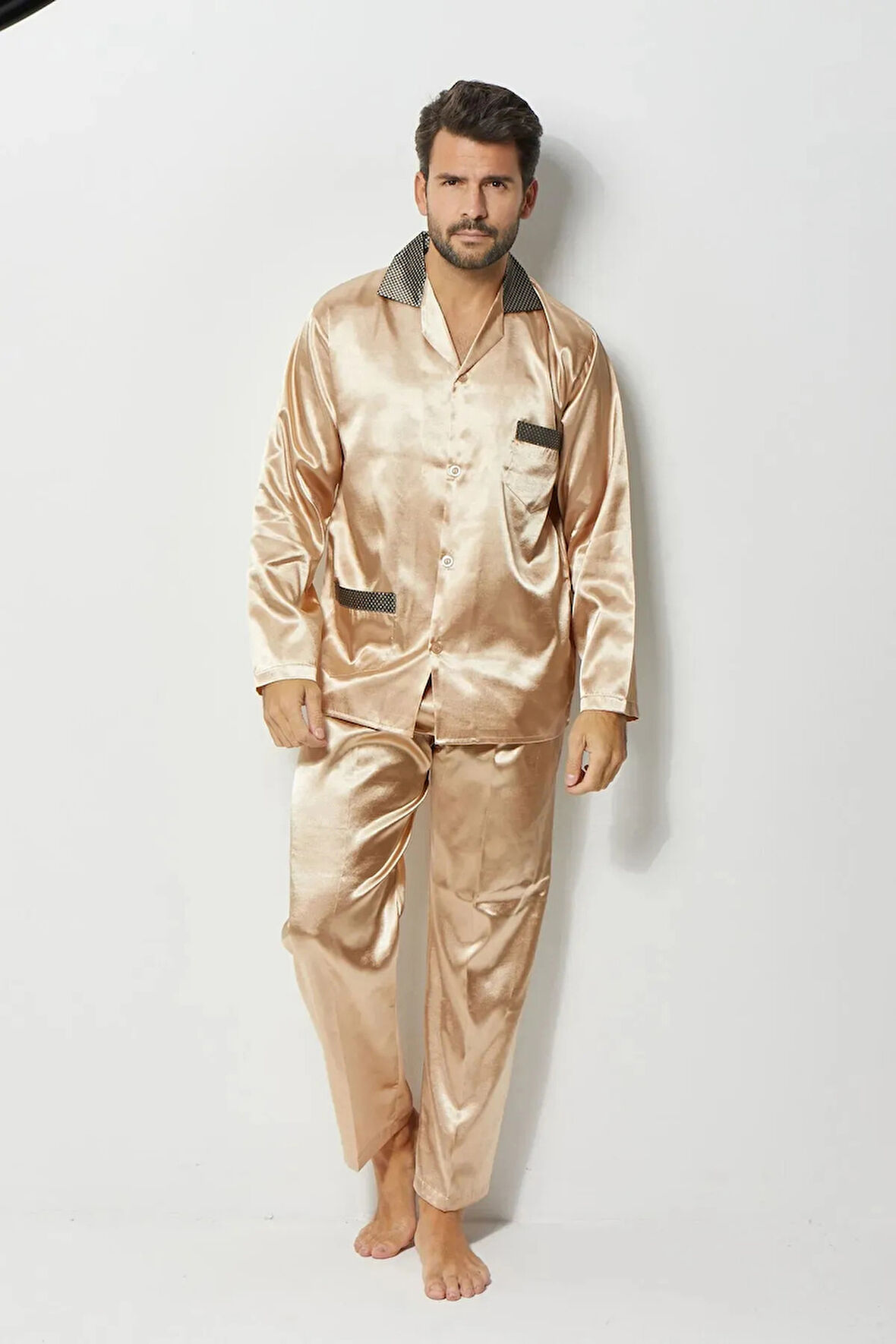 Bej Erkek Ropdöşambır ve Saten Pijama Takımı 4'lü Set - 2XL
