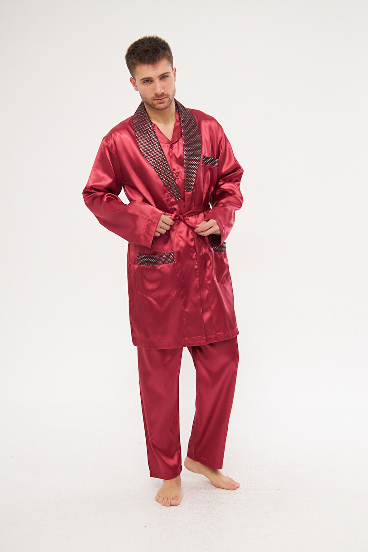 Bordo Erkek Ropdöşambır ve Saten Pijama Takımı 4'lü Set - S