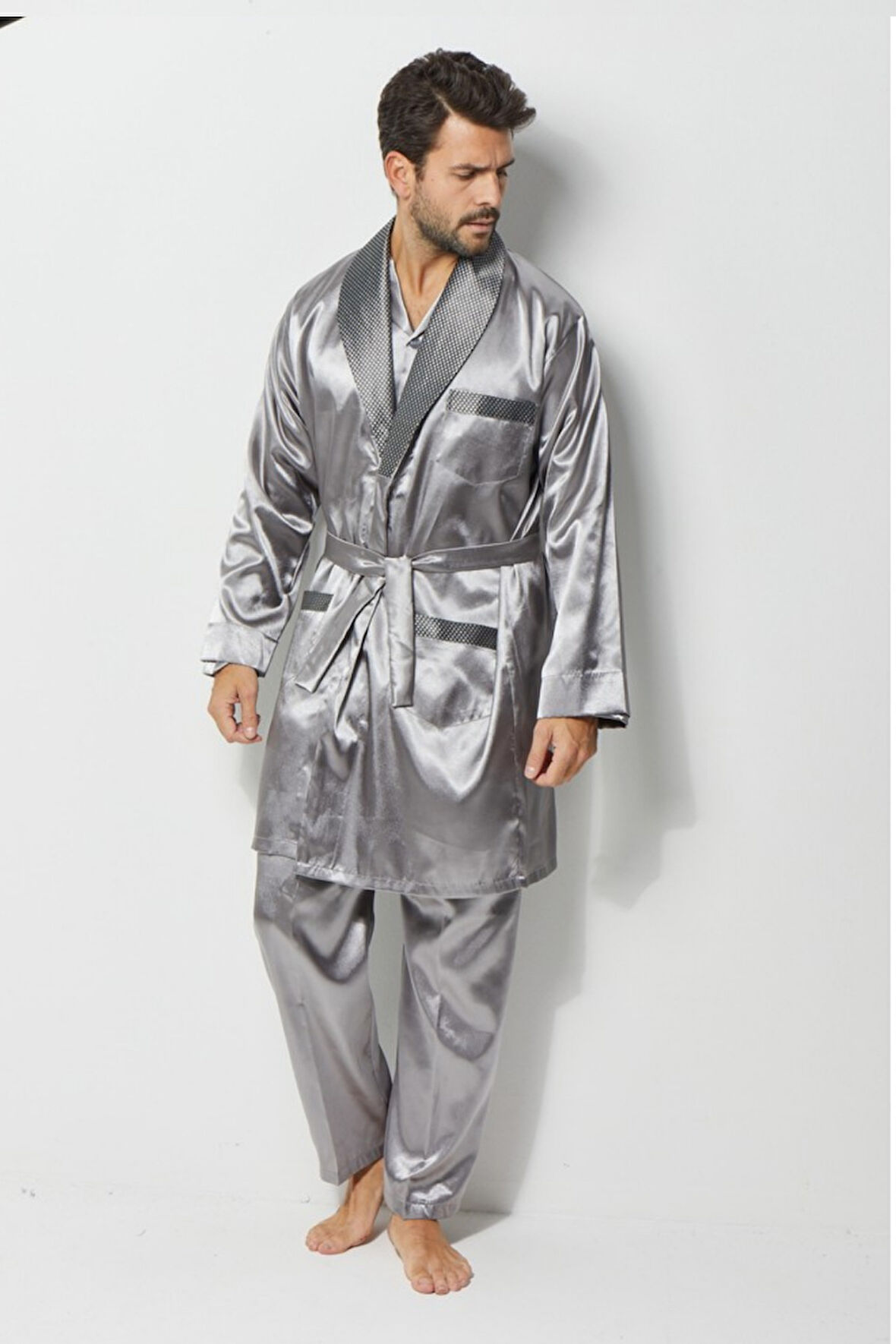 Gri Erkek Ropdöşambır ve Saten Pijama Takımı 4'lü Set - 2XL