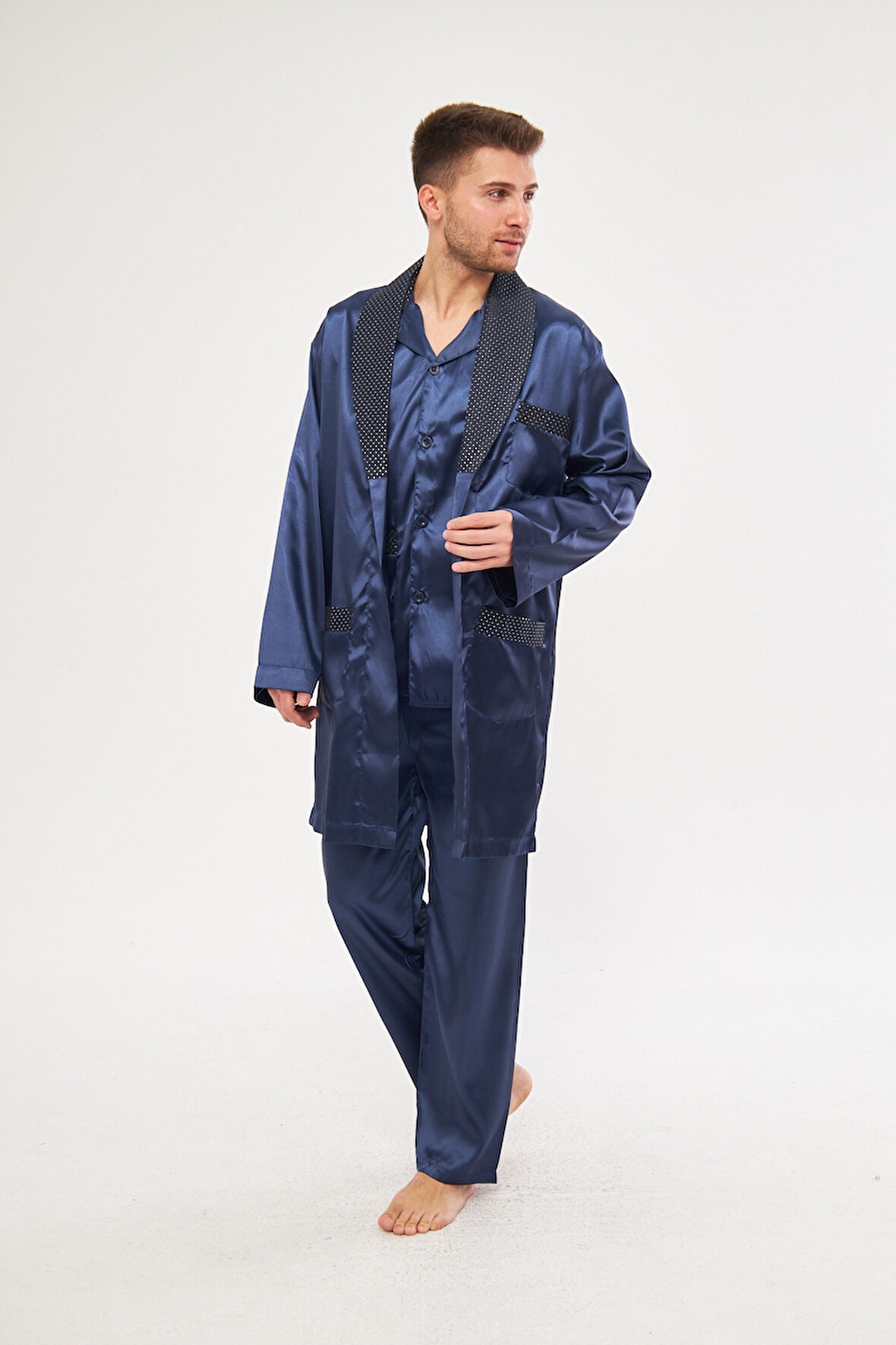 Lacivert Erkek Ropdöşambır ve Saten Pijama Takımı 4'lü Set - M