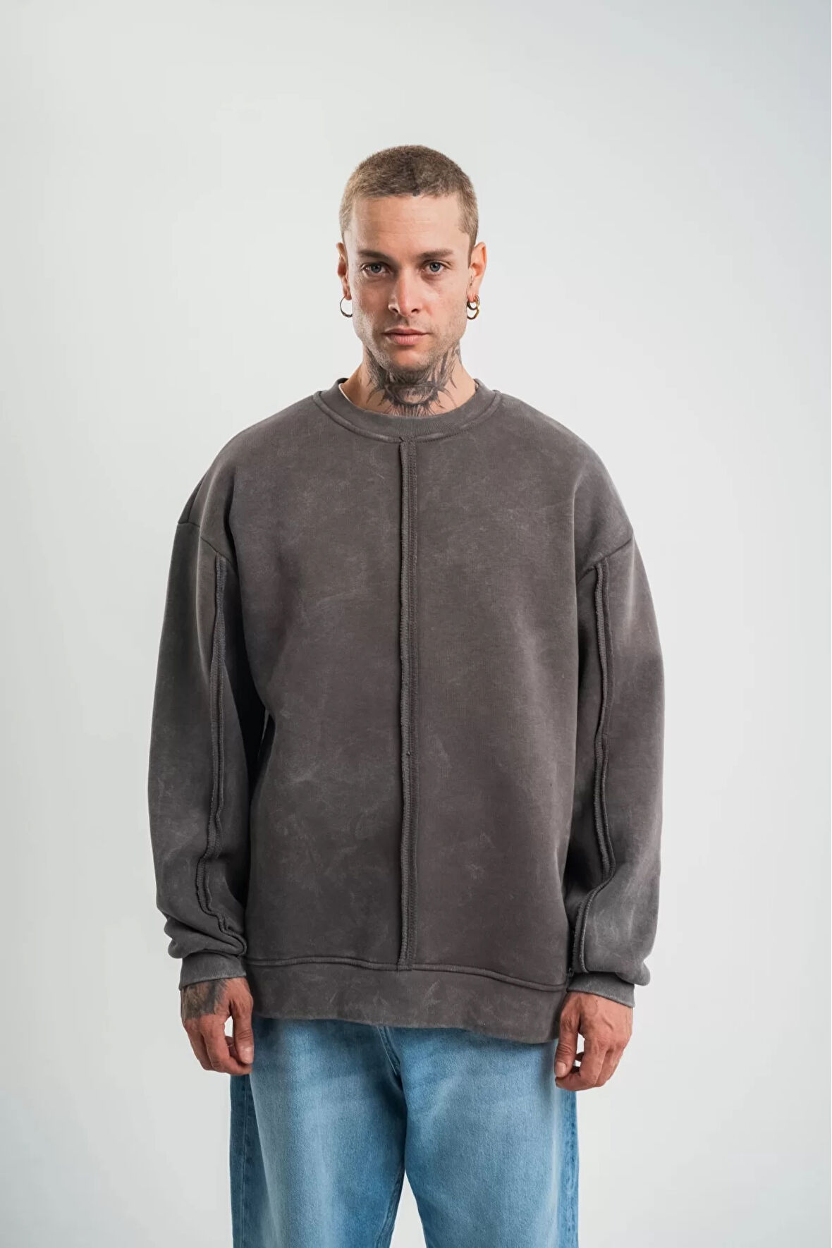 Premium Kalite Bisiklet Yaka Yıkamalı SweatShirt 