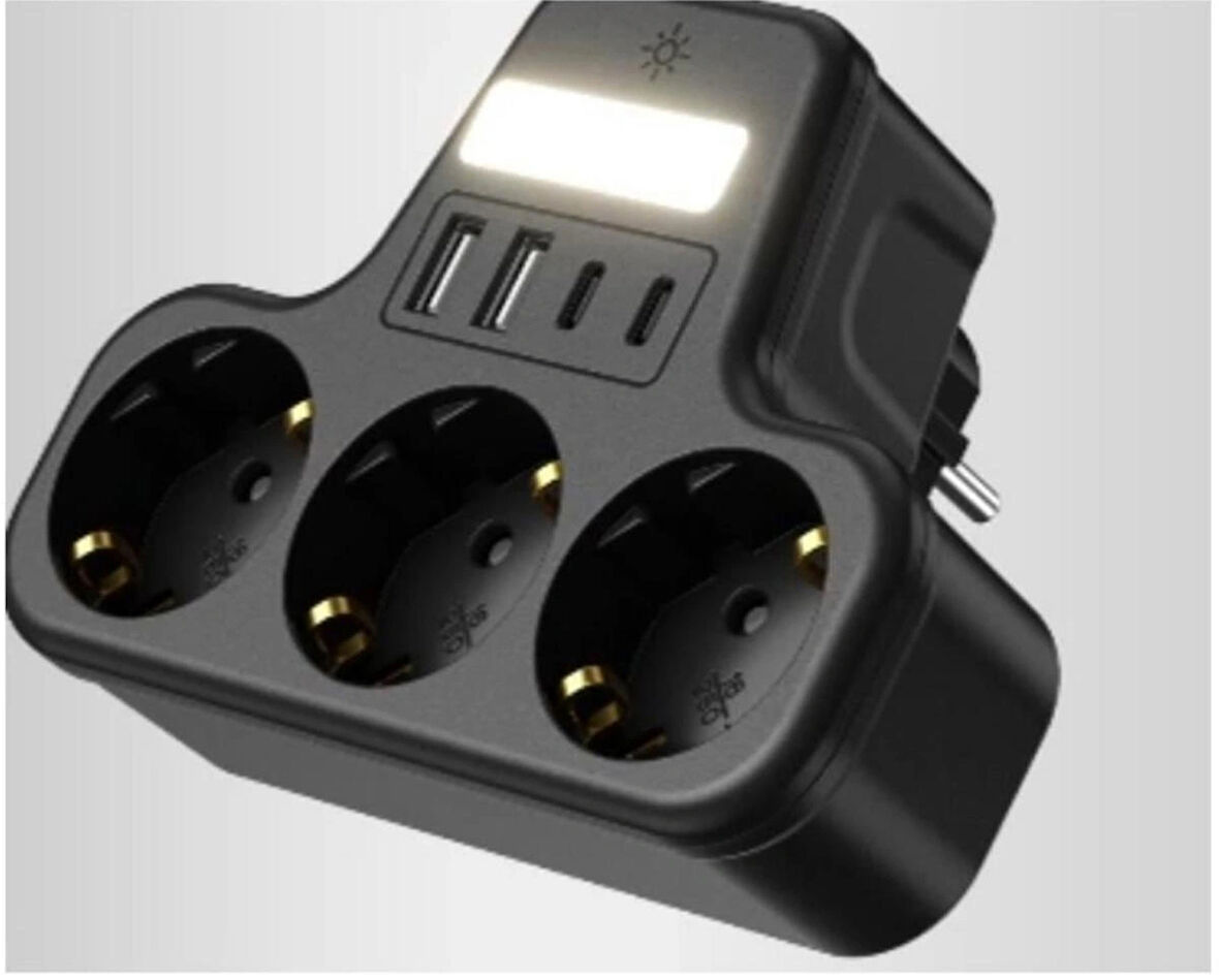 ROSE TEKNOLOJİ AKIM KORUMALI 3 PRİZ 2 USB 2 TYPE-C GİRİŞLİ GÜVENLİK KAPAKLI VE LEDLİ DUVAP TİPİ PRİZ