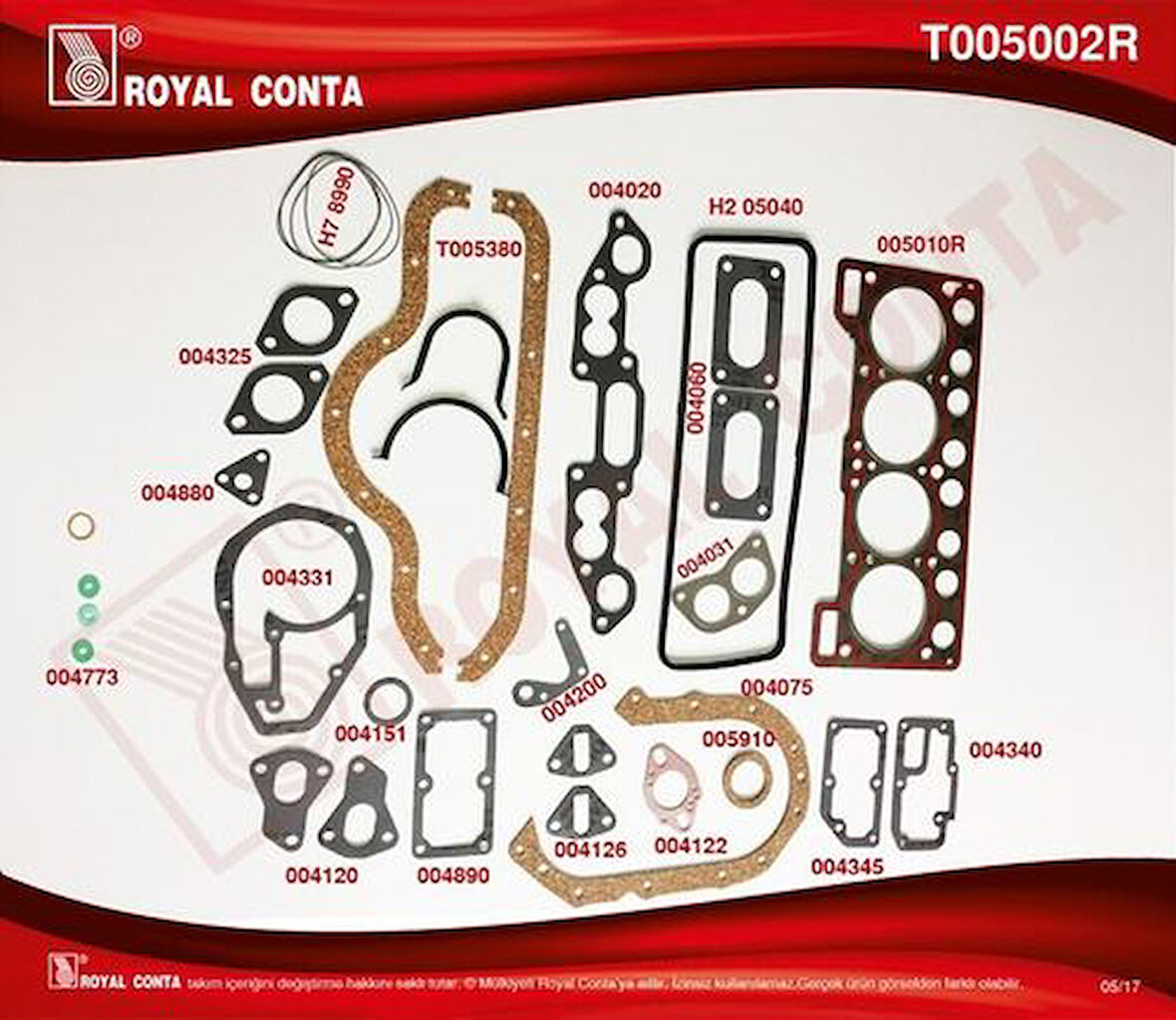 Royal T005002R Motor Takım Contası Keçesiz Renault 12 Toros 1.4 Super 7701460626