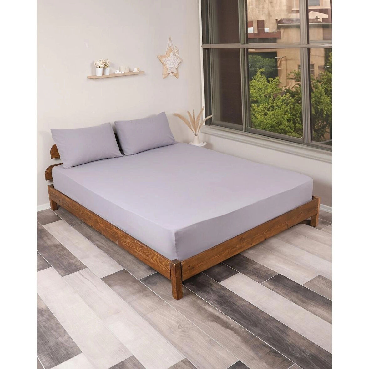 Rozet Tekstil Gri 160X200 Çift Kişilik Lastikli Çarşaf Takımı Fitted Pamuklu Kumaş Yastık Kılıflı