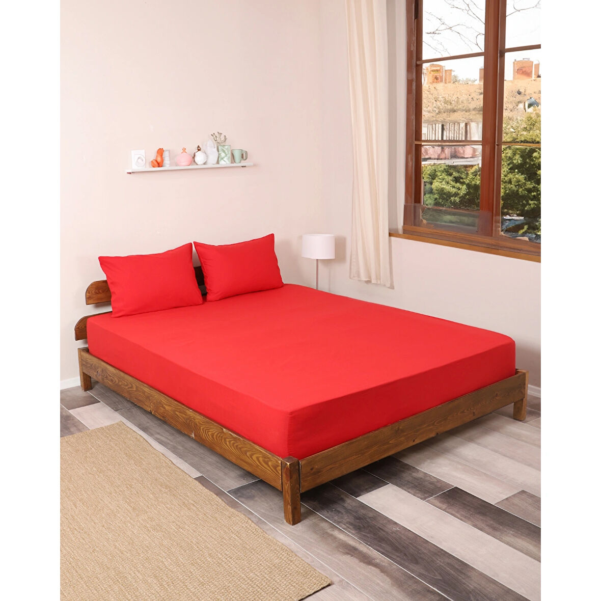 Rozet Tekstil Kırmızı 180X200 Çift Kişilik Lastikli Çarşaf Takımı Fitted Pamuklu Kumaş Yastık Kılıflı