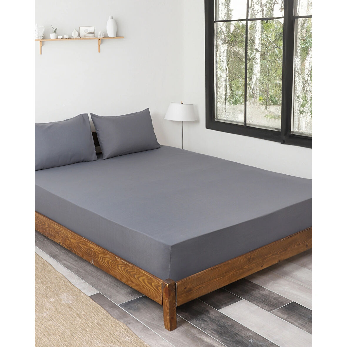Rozet Tekstil Antrasit Çift Kişilik Lastikli Çarşaf Takımı Fitted Pamuklu Kumaş Yastık Kılıflı 200 X 200 cm