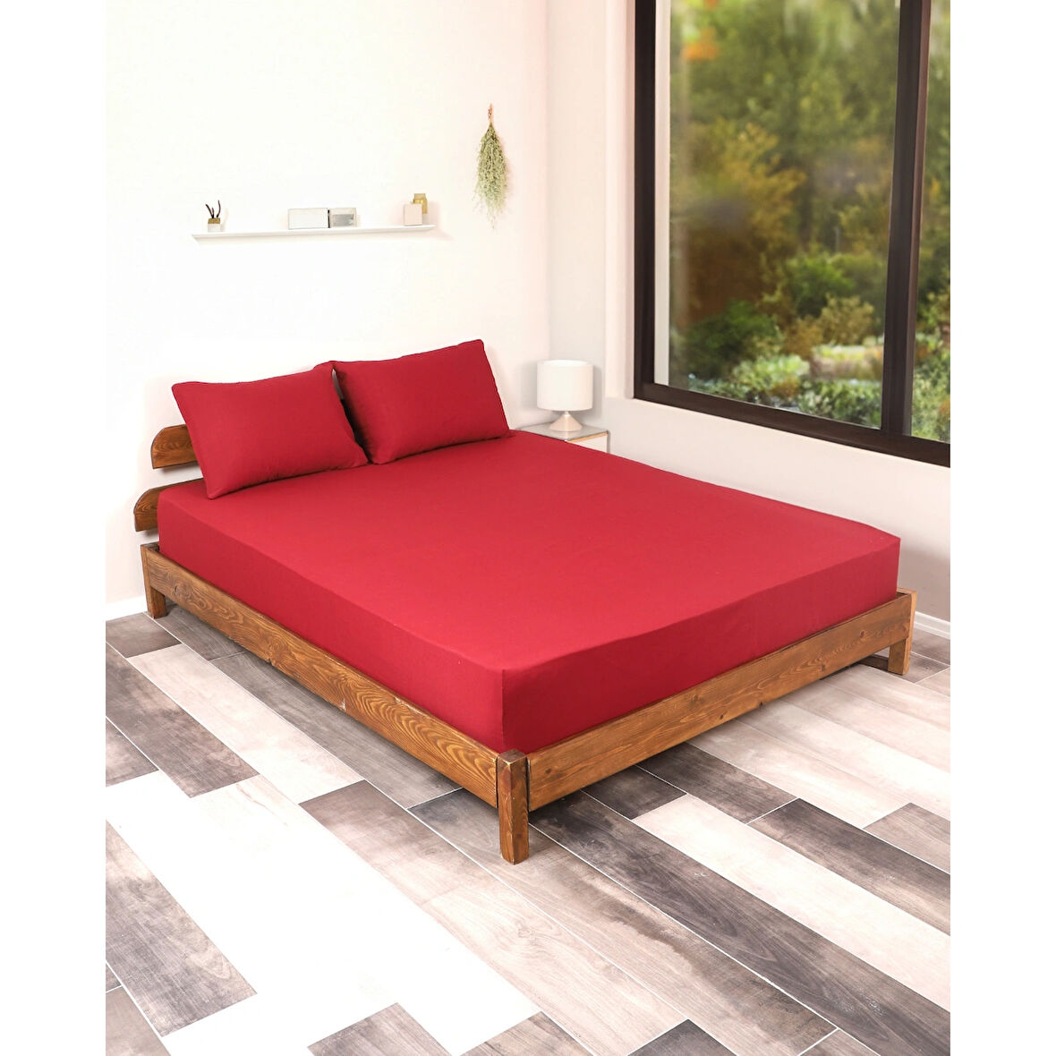 Rozet Tekstil Bordo 200X200 Çift Kişilik Lastikli Çarşaf Takımı Fitted Pamuklu Kumaş Yastık Kılıflı