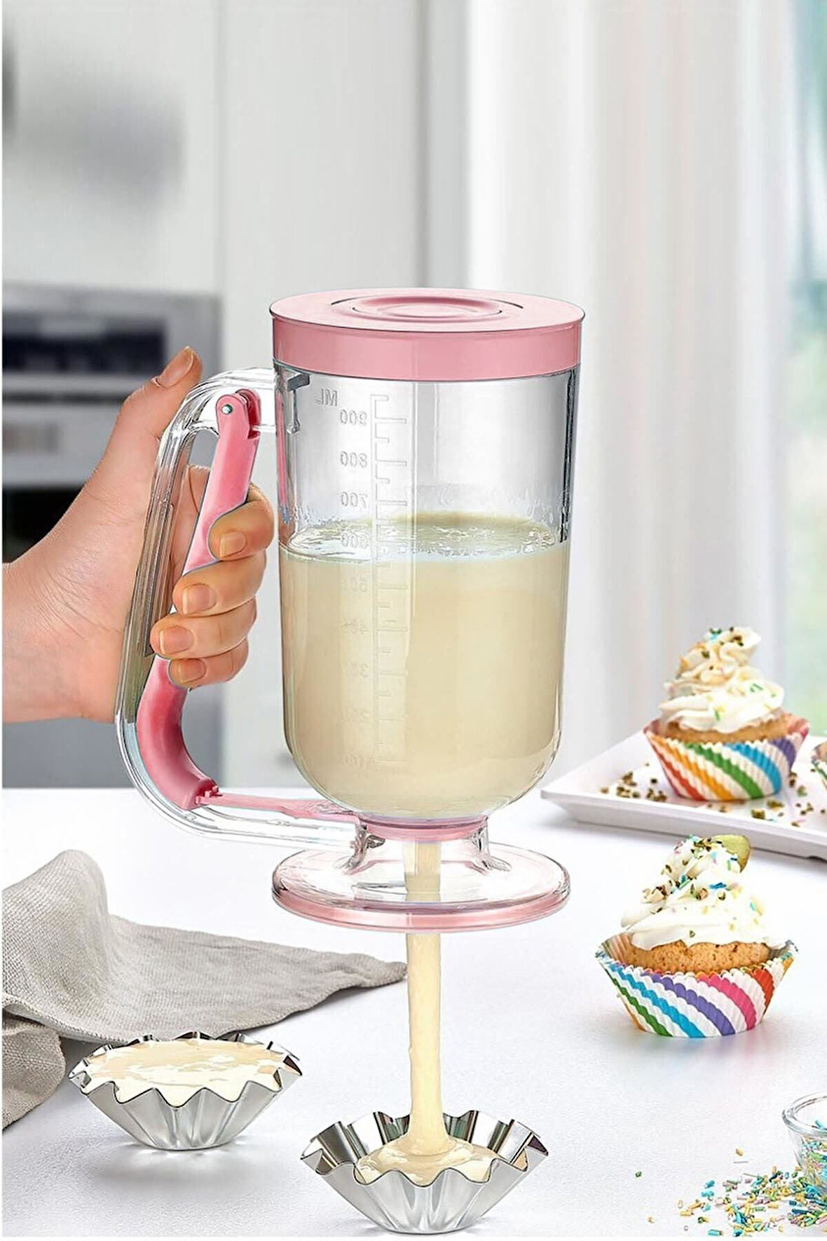 Pankek Dağıtıcı Hamur Porsiyonlayıcı Şekillendirici 900 ml Dökme Aparatı Pembe
