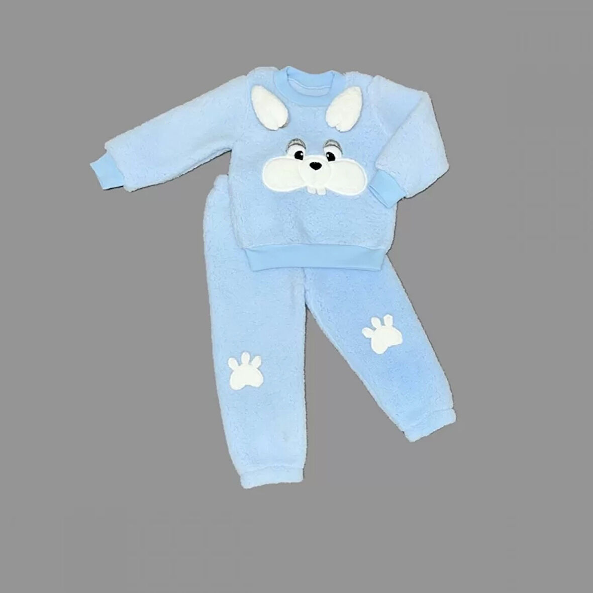 1-2-3 Yaş Kulaklı Tavşan Figürlü Kuzu Kumaş Sweat Pantolon Uzun Kollu Kız Erkek Çocuk  2 Li Takımı Mavi