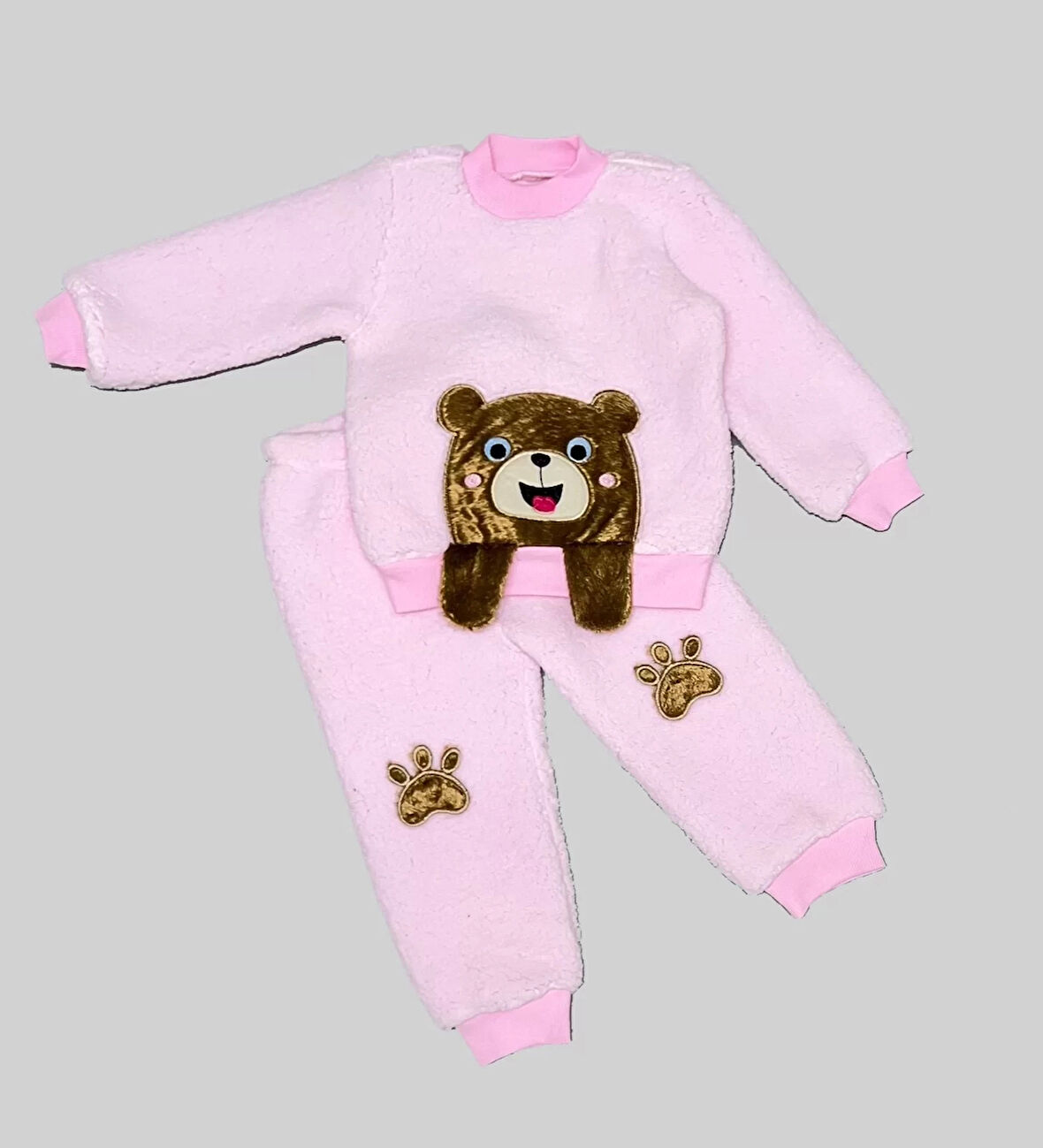 1-2-3 Yaş Sallanan El Ayıcıklı Kuzu Kumaş Sweat Patili Pantolon Uzun Kollu Kız Erkek 2 Li Takımı Pembe